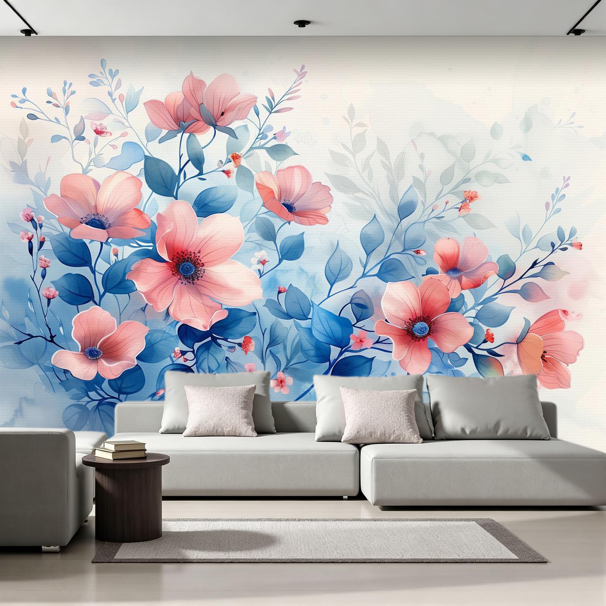Papel Pintado 3D Flores En Acuarela Papel Tapiz Fotomural 350x256cm Rosa Azul Plantas Papel Pintado Panorámico no Tejido Formato Grande Decoración Mural para Salón Dormitorio Oficina 2U648