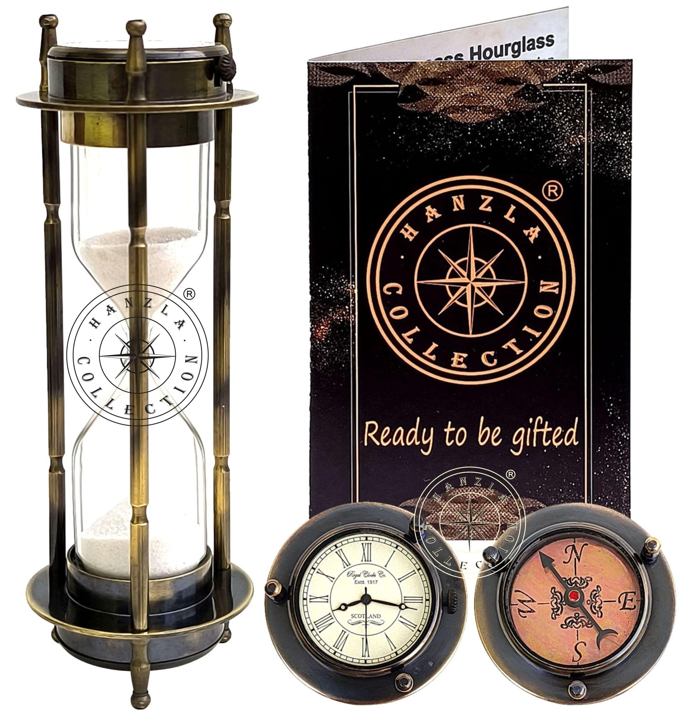 Sablier en laiton avec boussole et horloge vintage en métal noir