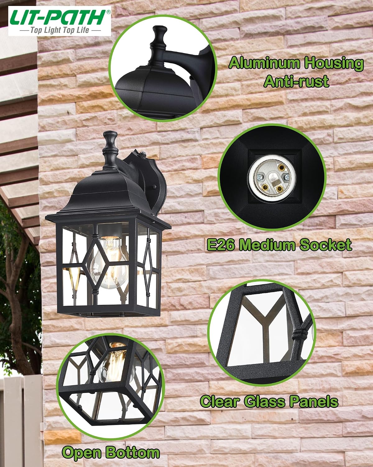 LIT-PaTH Dusk to Dawn Outdoor Wall Lantern, Matte Black Large Exterior Wall Light Fixture, E26 Base, Anti-Rust Aluminum Porch Lighting for Outside, Patio, Garage, 1 Pack
