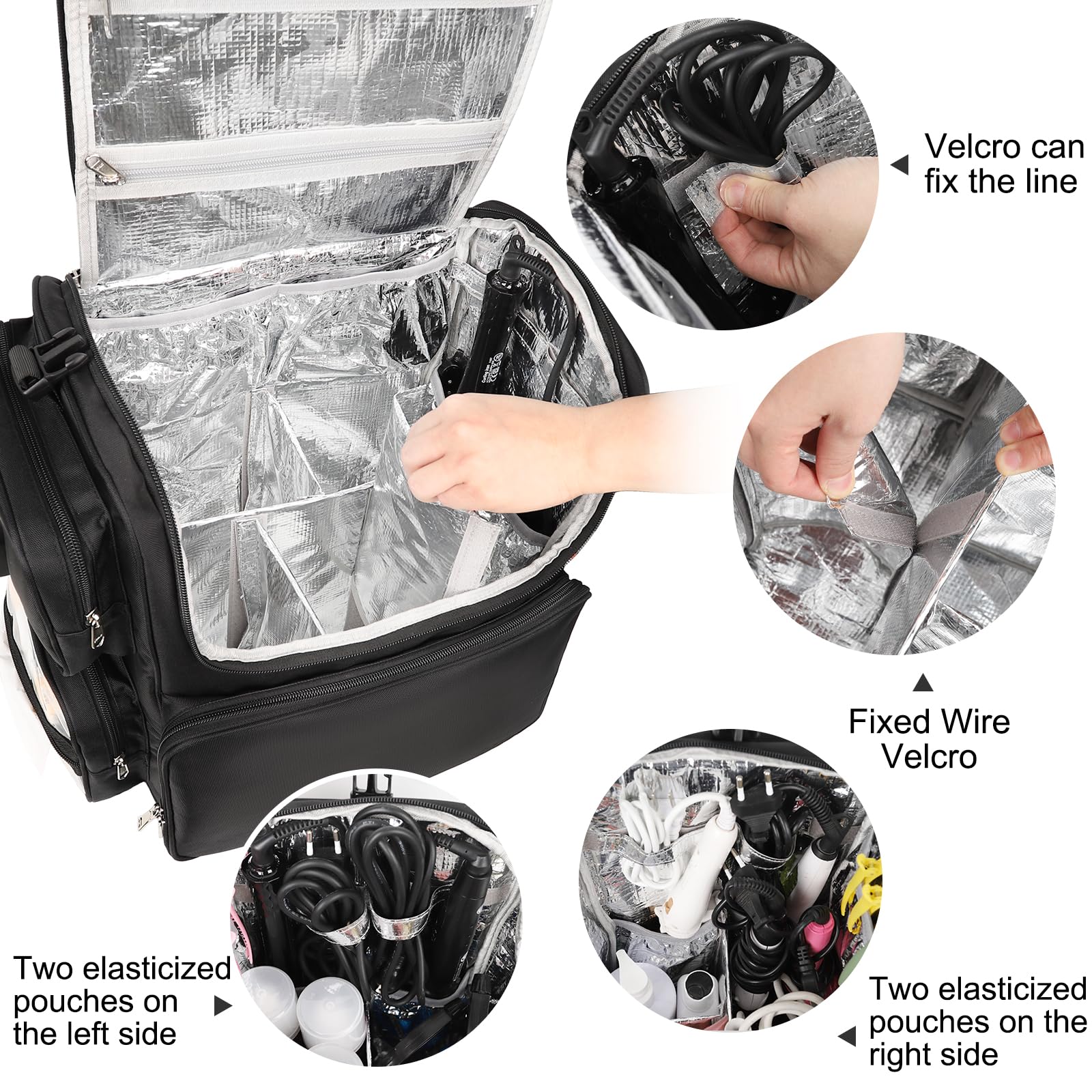 Relavel Hair Tools Borsa da parrucchiere, borsa per il trucco, isolamento termico, ferro arricciacapelli, accessori da viaggio, borsa da parrucchiere, borsa per cosmetici, zaino nero