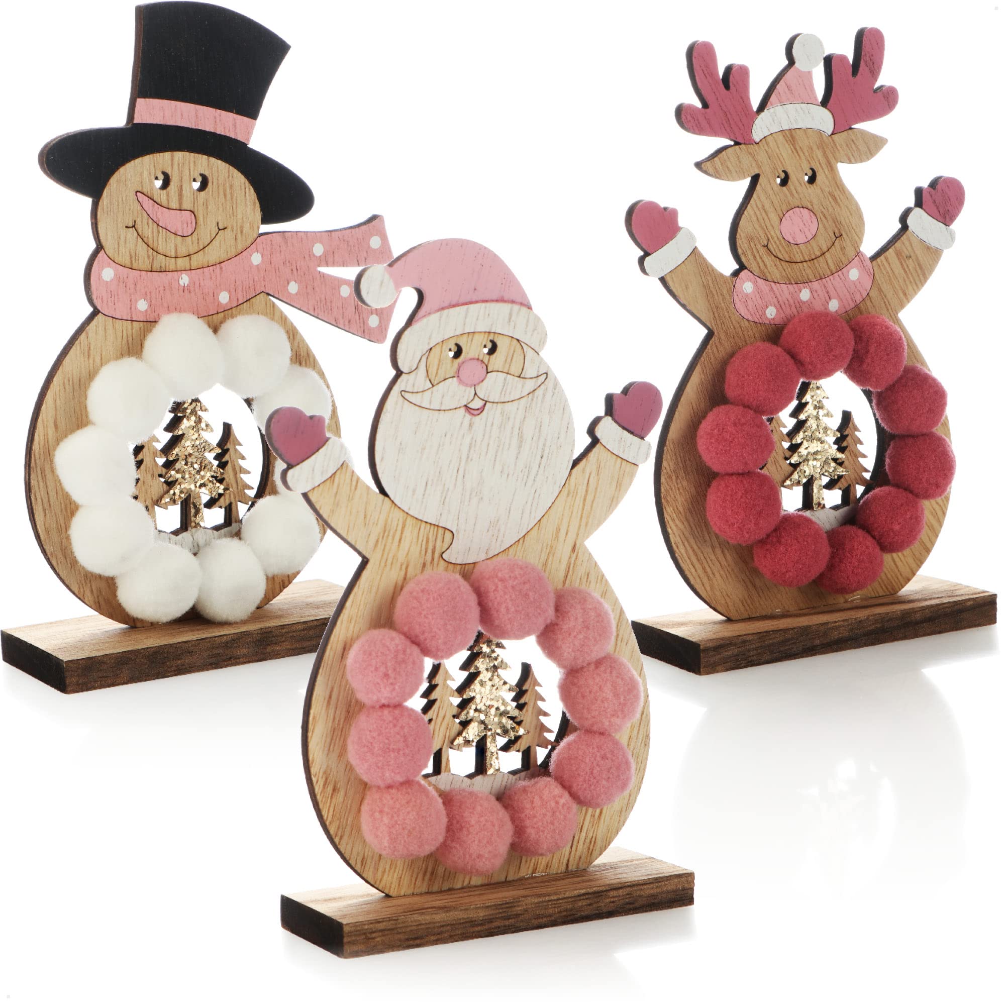 com-four® 3X Soporte de Madera para Navidad - Reno, Papá Noel y muñeco de Nieve de Madera para pararse - Figuras Decorativas de Madera (Trio - Rosa Claro/Blanco/Rosa)