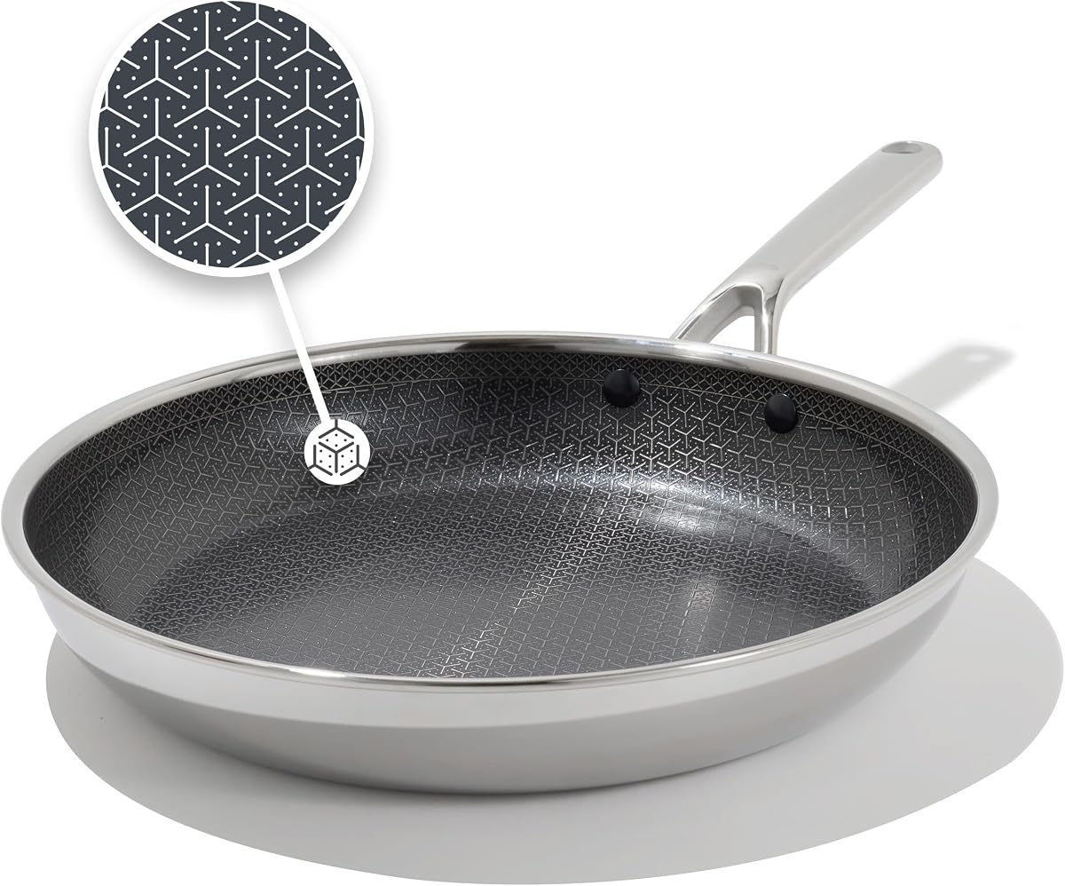 Sartén híbrida de acero inoxidable antiadherente de 12 pulgadas, sartén de cerámica sin PFAS, tecnología Fusion Boost para un potente sellado, compatible con inducción y todas las estufas, apta para lavavajillas, triple capa pulida como espejo