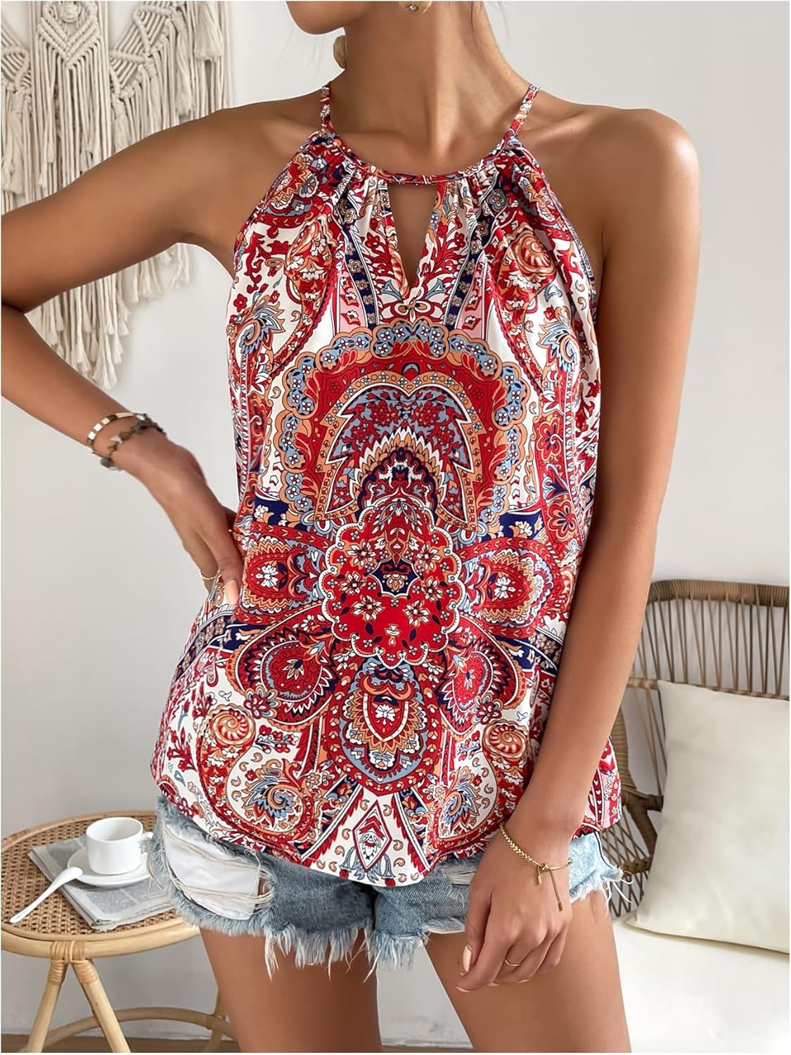 Floerns Women's Paisley Print Sleeveless Halter Tops Cut Out Boho Camisole - Image 2