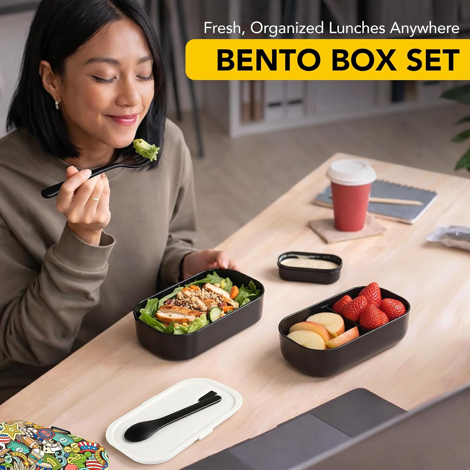 Adult Bento Box Lunch Container with Compartments for Work & Meal Prep, Set of Utensil & Chopsticks, Microwave & Dishwasher Safe, Leakproof Reusable Japanese Food Storage - Image 2