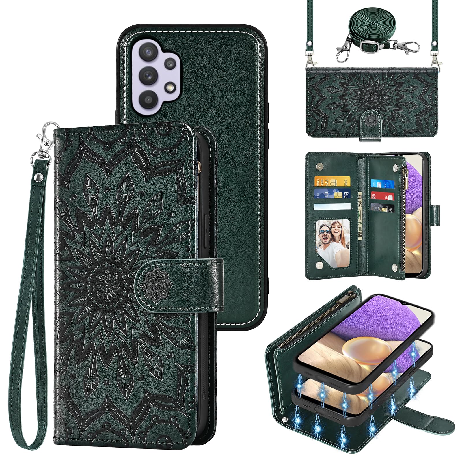 Phone Case for Samsung Galaxy A32 5G 2021 6.5 inch Zipper Wallet Magnetic Detachable Cell Cover with Screen Protector Strap Flip Card Holder Slot M32