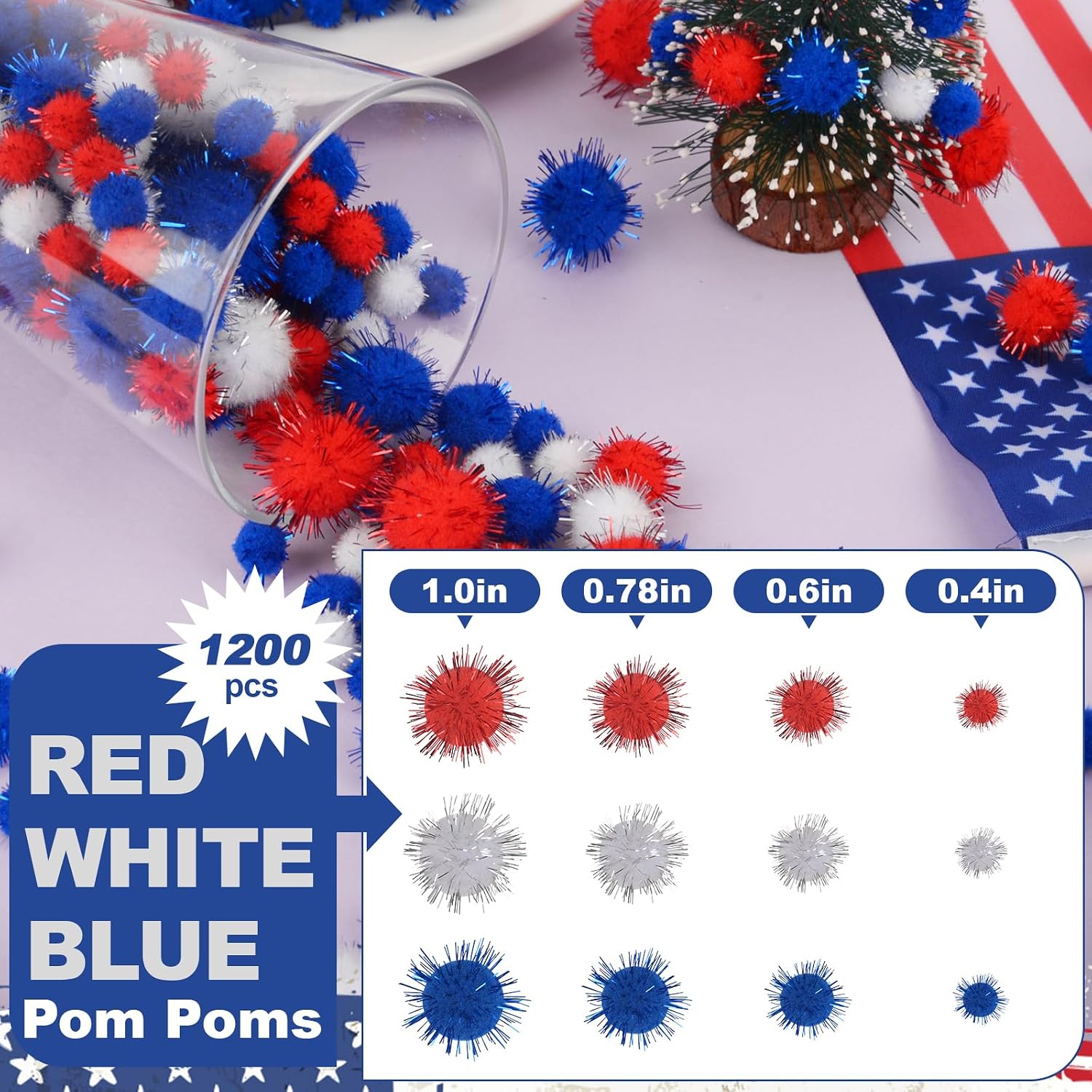 Qumenan 1200 Pieces 4 Sizes Red White Blue Glitter Pom Poms 4th of July Pompoms Balls Bulk for Holiday Patriotic Veterans Party Crafts Making DIY Miniature Decorations Supplies Accessories