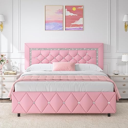 HOMBCK Queen Bed Frame with Diamond Headboard, Faux Leather Upholstered Platform Bed, Mattress Foundation, No Box Spring Needed, Easy Assembly, Pink