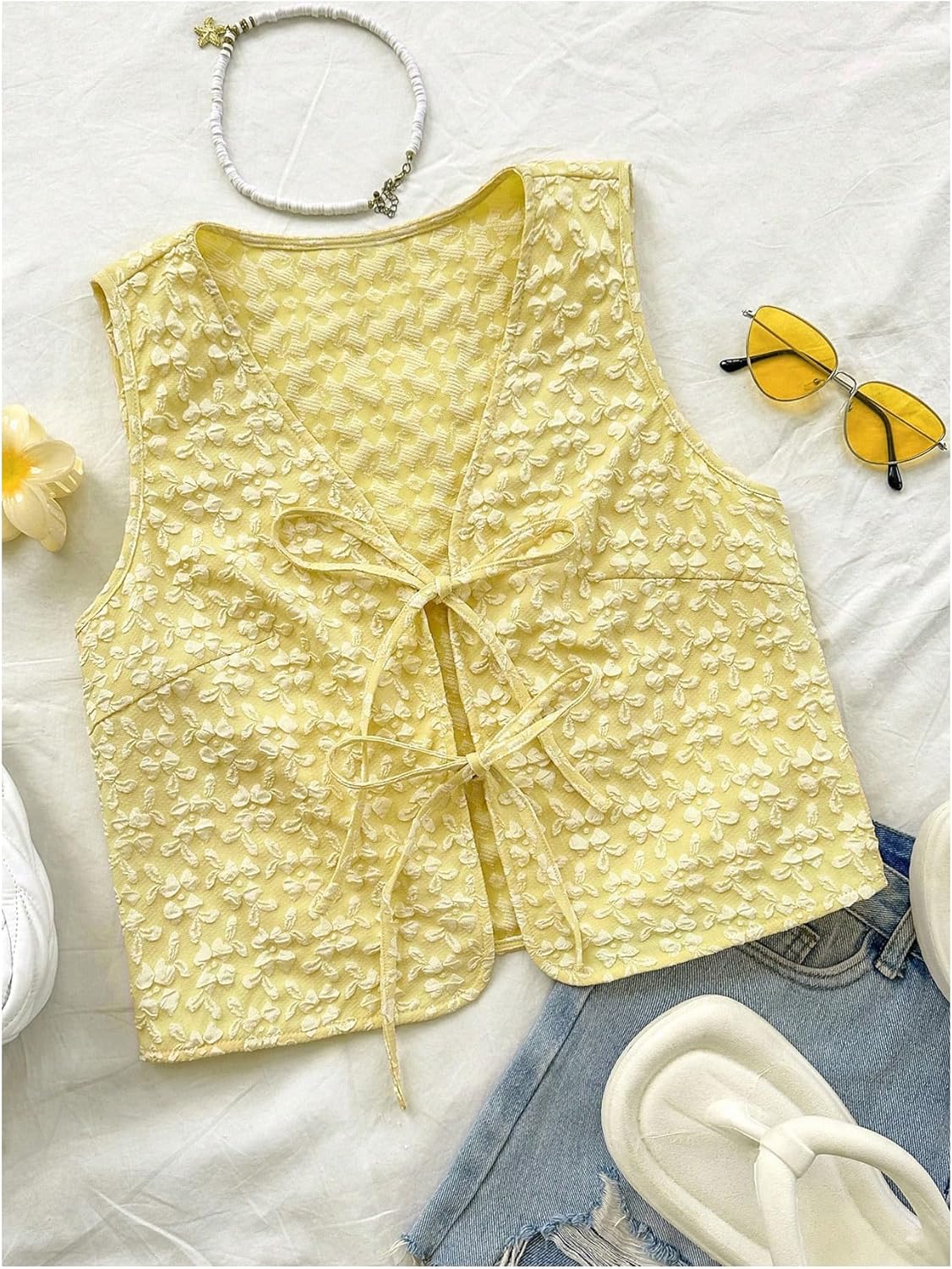 SHENHE Women's Tie Front Textured Floral Tank Top V Neck Sleeveless Casual Boho Vest - Image 5