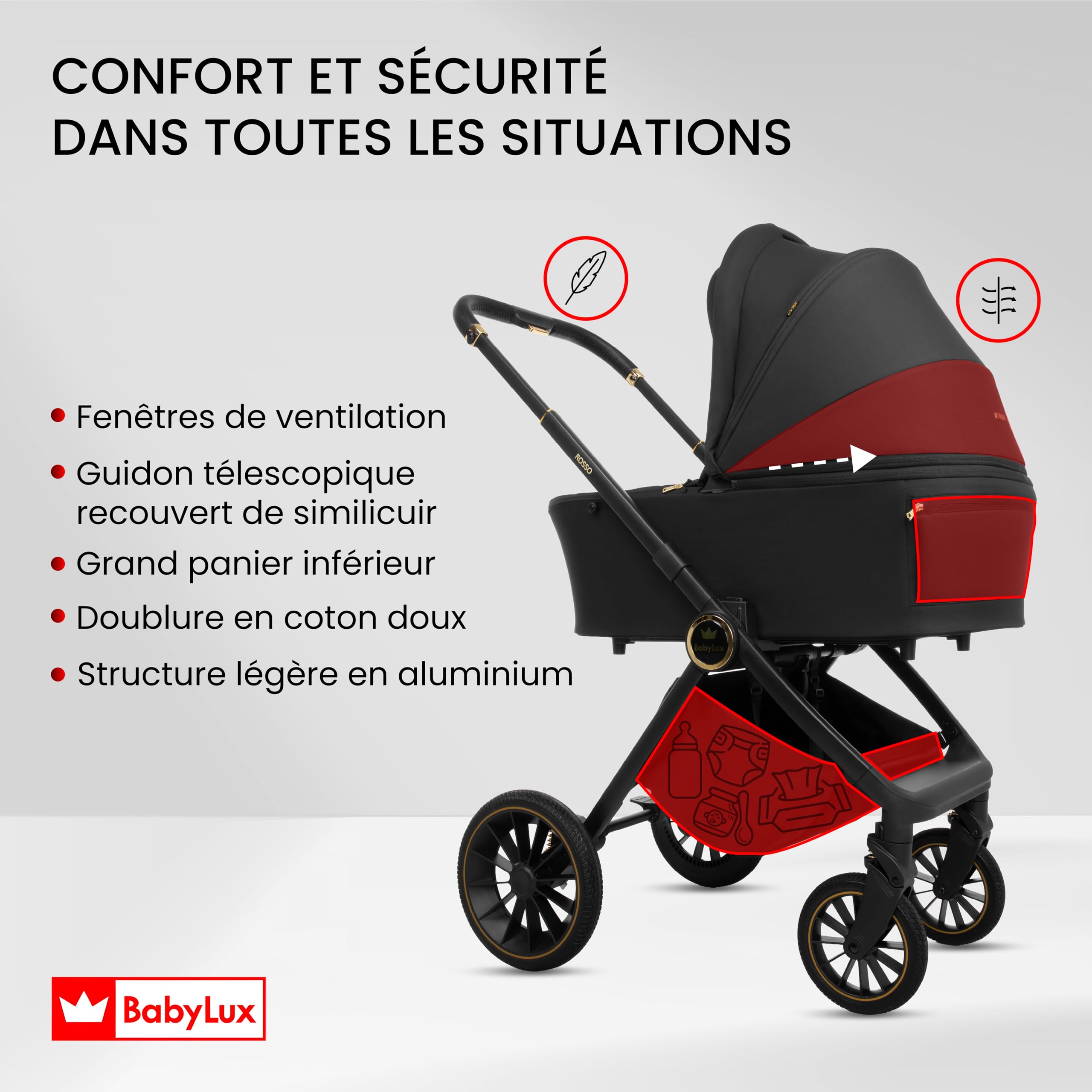 BabyLux Poussette 3en1 Set Rosse, Pliable Léger Poussettes Combinées Baignoire Bébé, Buggy Siège Sport, Coque Bébé I-Size, 4 Positions Couchage, 0-22kg
