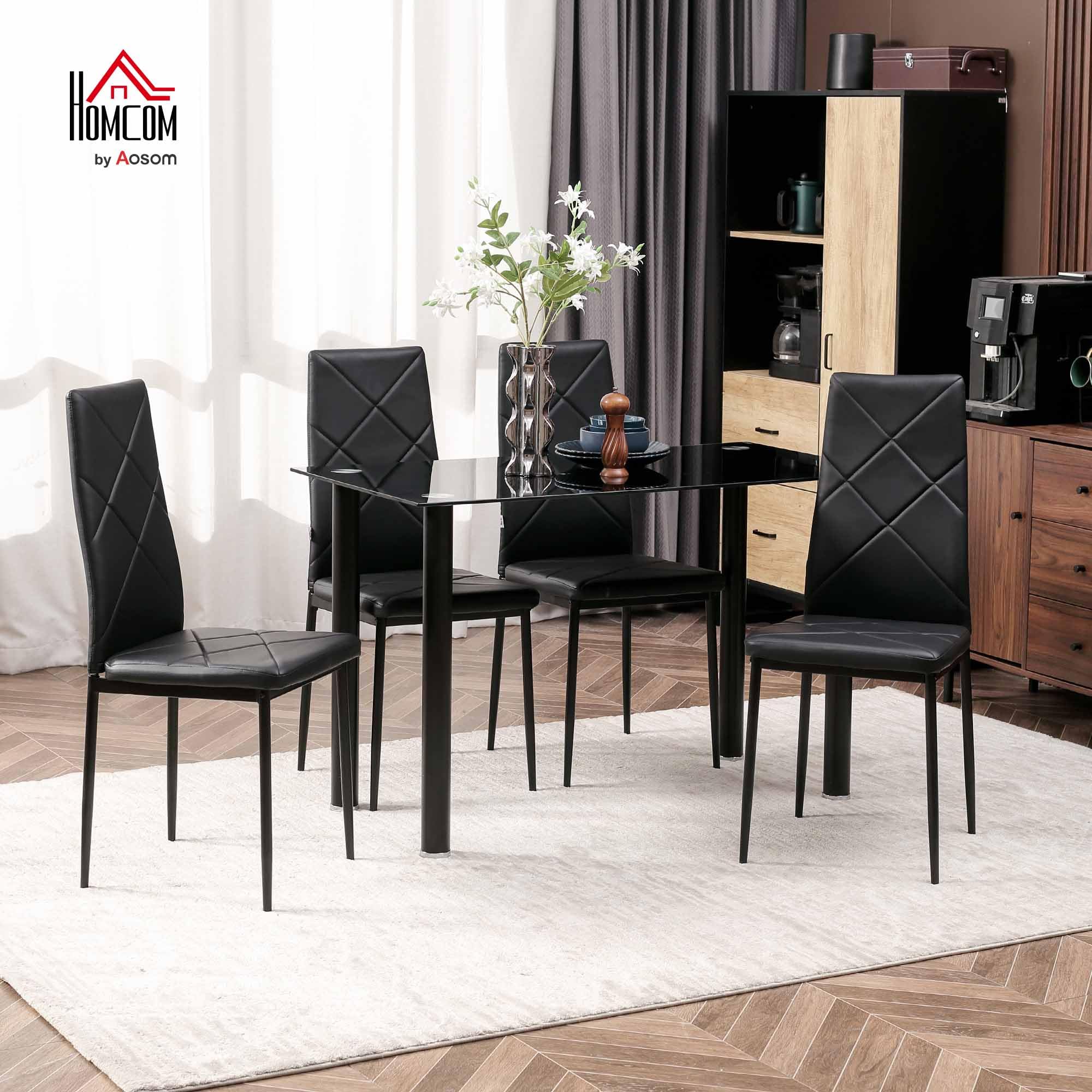 HOMCOM Ensemble de Table à Manger avec 4 Chaises, Meubles de Cuisine 5 Pièces, Plateau Verre Trempé, Pieds Acier, Noir