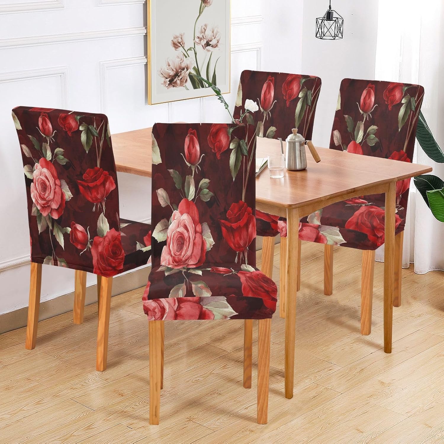 ALAZA Chair Covers for Dining Room, Beautiful Red Roses Cute Flower Stretch Chair Cover Sets Chair Protector Removable Washable for Ktichen Restaurant Hotel
