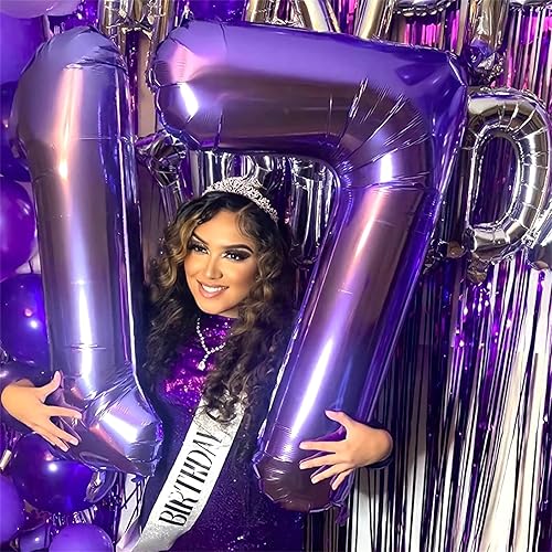 Miniatura 3 de Globos morados de cumpleaños del número 70, globos grandes de 40 pulgadas de papel de aluminio de Mylar morado con el número 7 y 0 para mujeres,