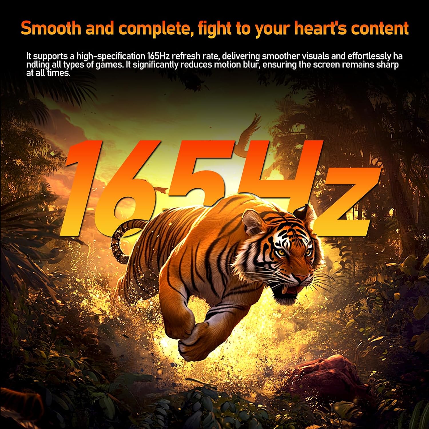 Image highlighting 165Hz refresh rate with a tiger graphic