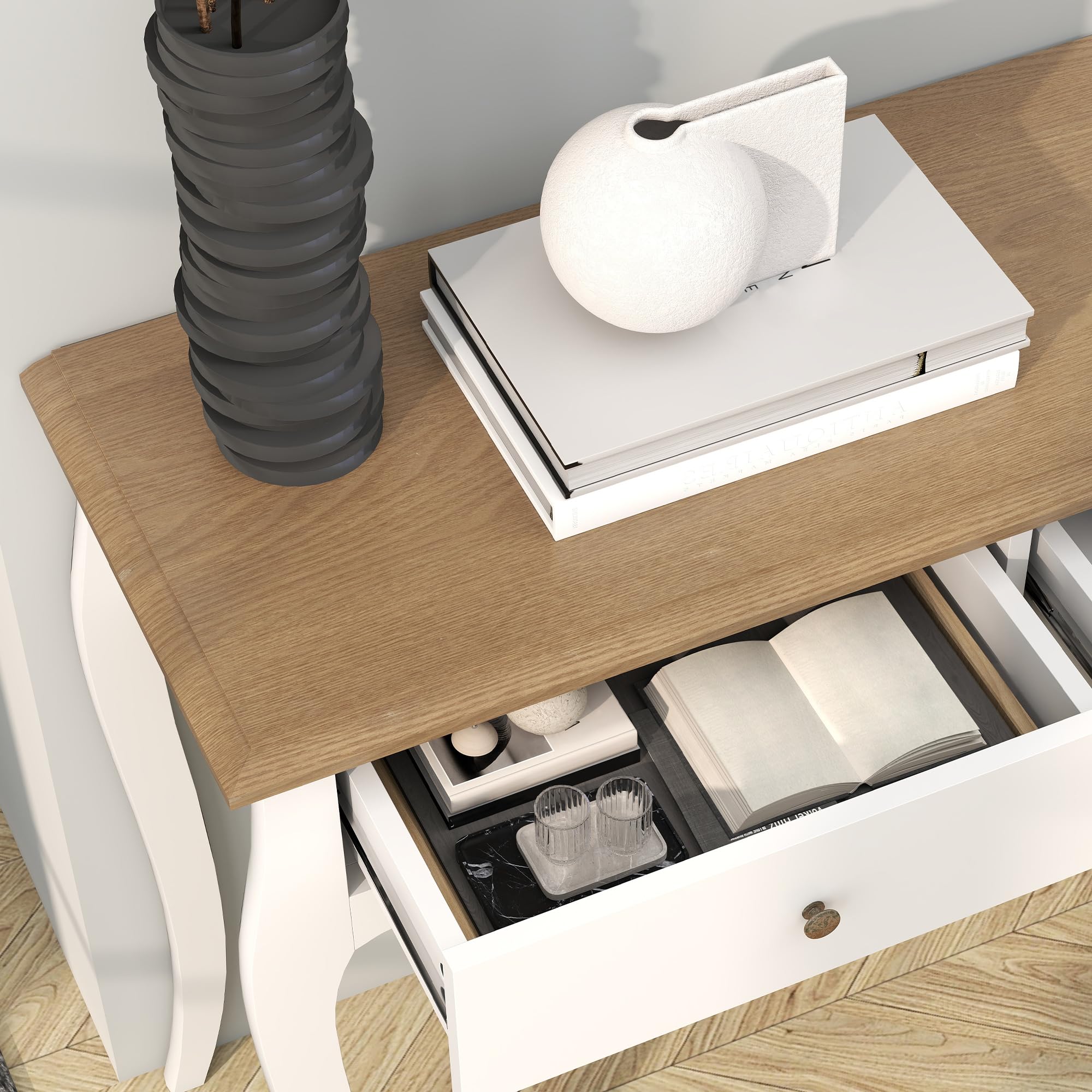 HOMCOM Tavolo Consolle Moderno con 2 Cassetti, Consolle da Ingresso in MDF e Truciolato, 100x35x76.5 cm, Bianco e Marrone Scuro