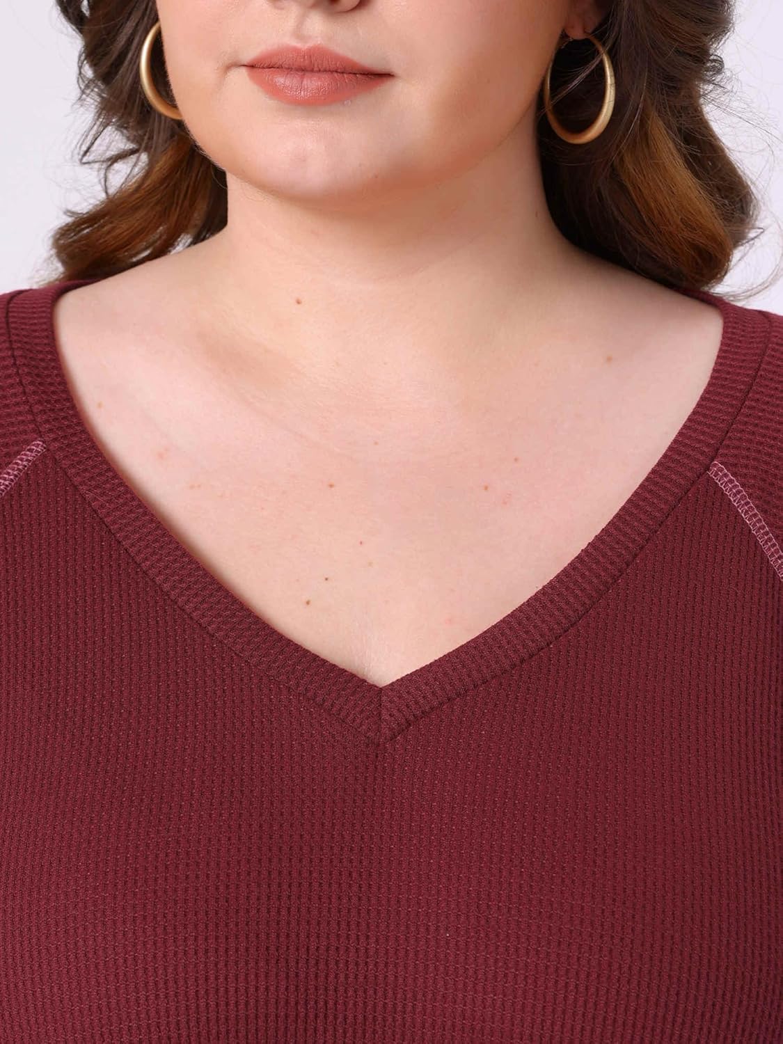 Agnes Orinda Plus Size Waffle Knitted Top for Women V Neck Long Sleeve Patchwork Hem Pullover Knit Sweater Blouses - Image 5