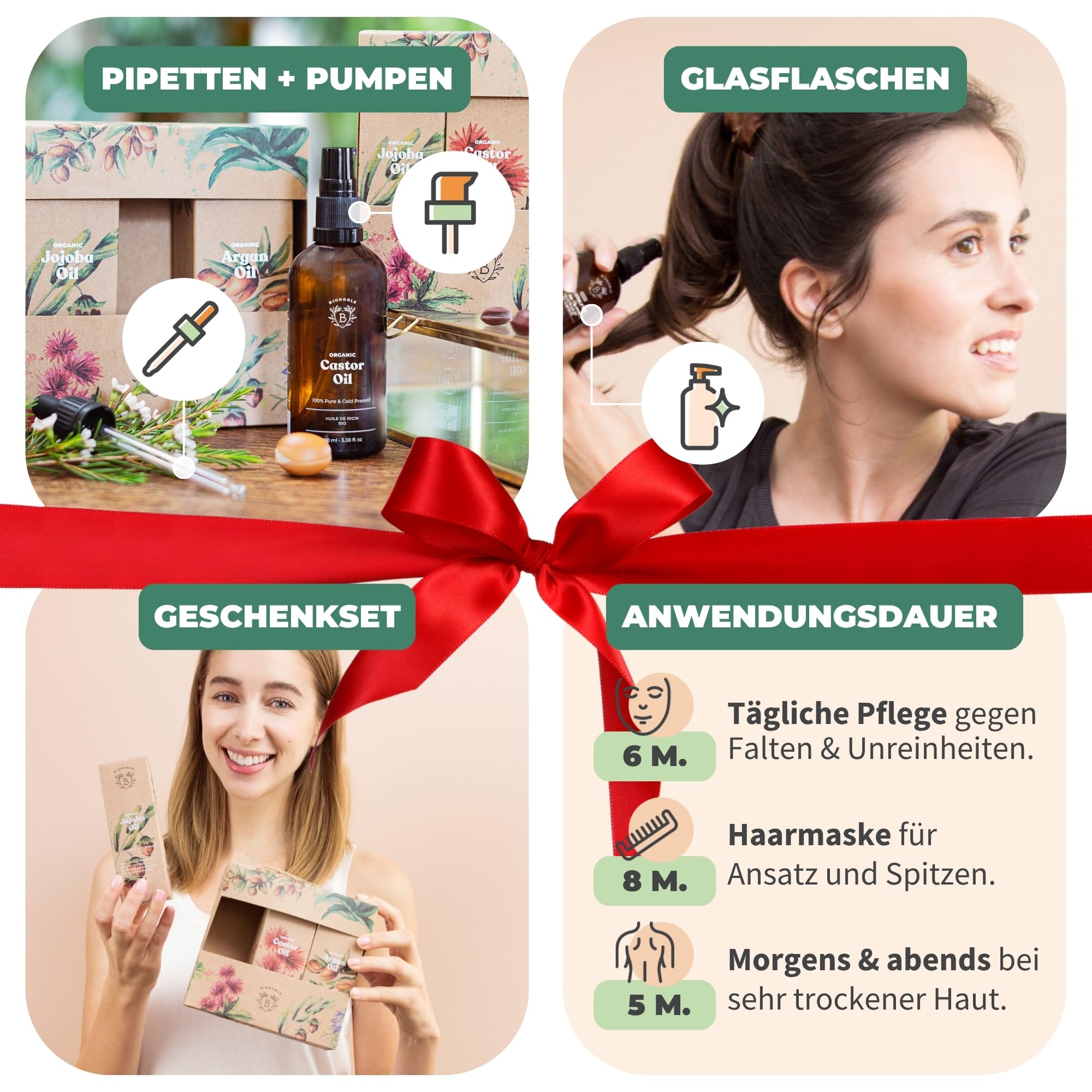 BIONOBLE Wellness Set für Frauen - Bio Rizinusöl Arganöl Jojobaöl - 3x100ml | 100% Natürlichen Ursprungs, Vegan Geschenkset Kosmetik - Haare, Gesicht - Beauty Paket für Frauen - Glasflaschen, Pipetten