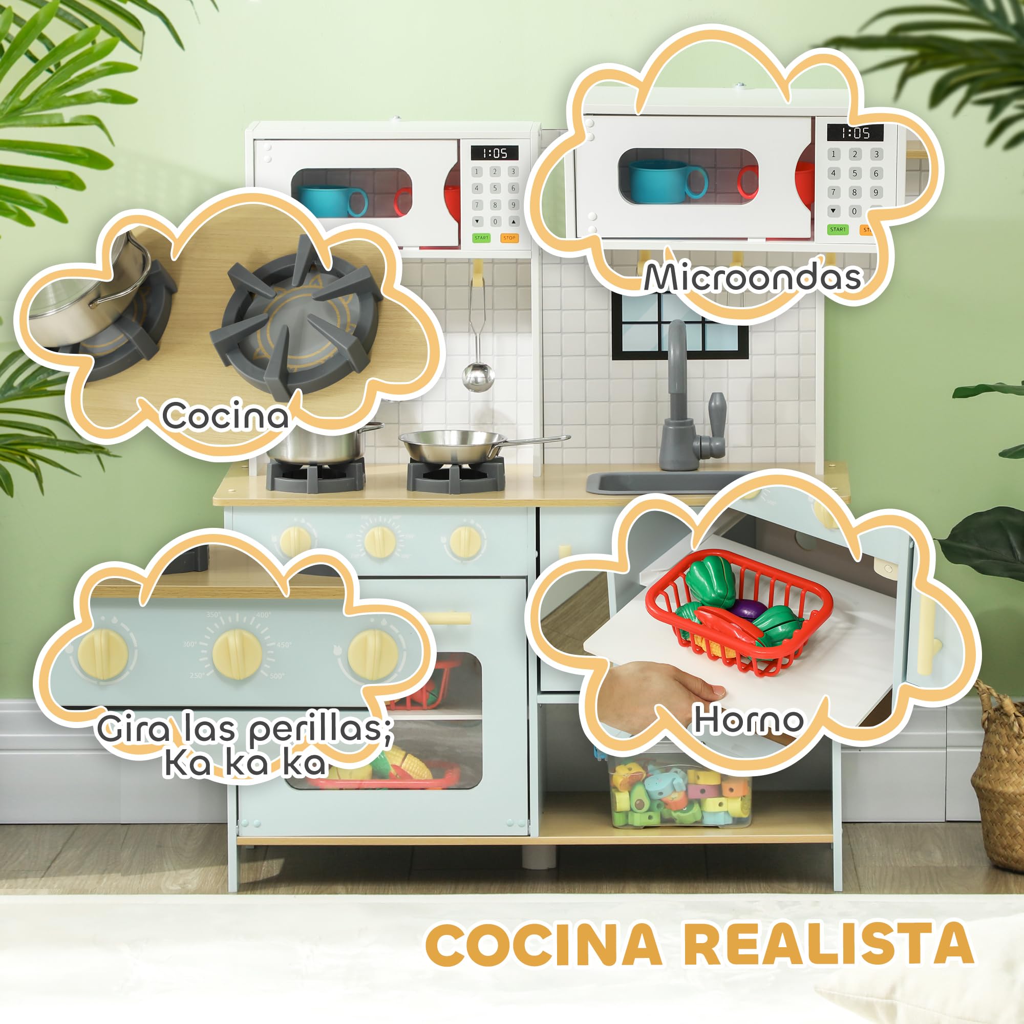 AIYAPLAY Cocina de Juguete para Niños +3 Años Cocina de Madera Infantil Cocinita Infantil con Sonido Fogón Horno Grifo Fregadero Microondas y Accesorios de Cocina Azul