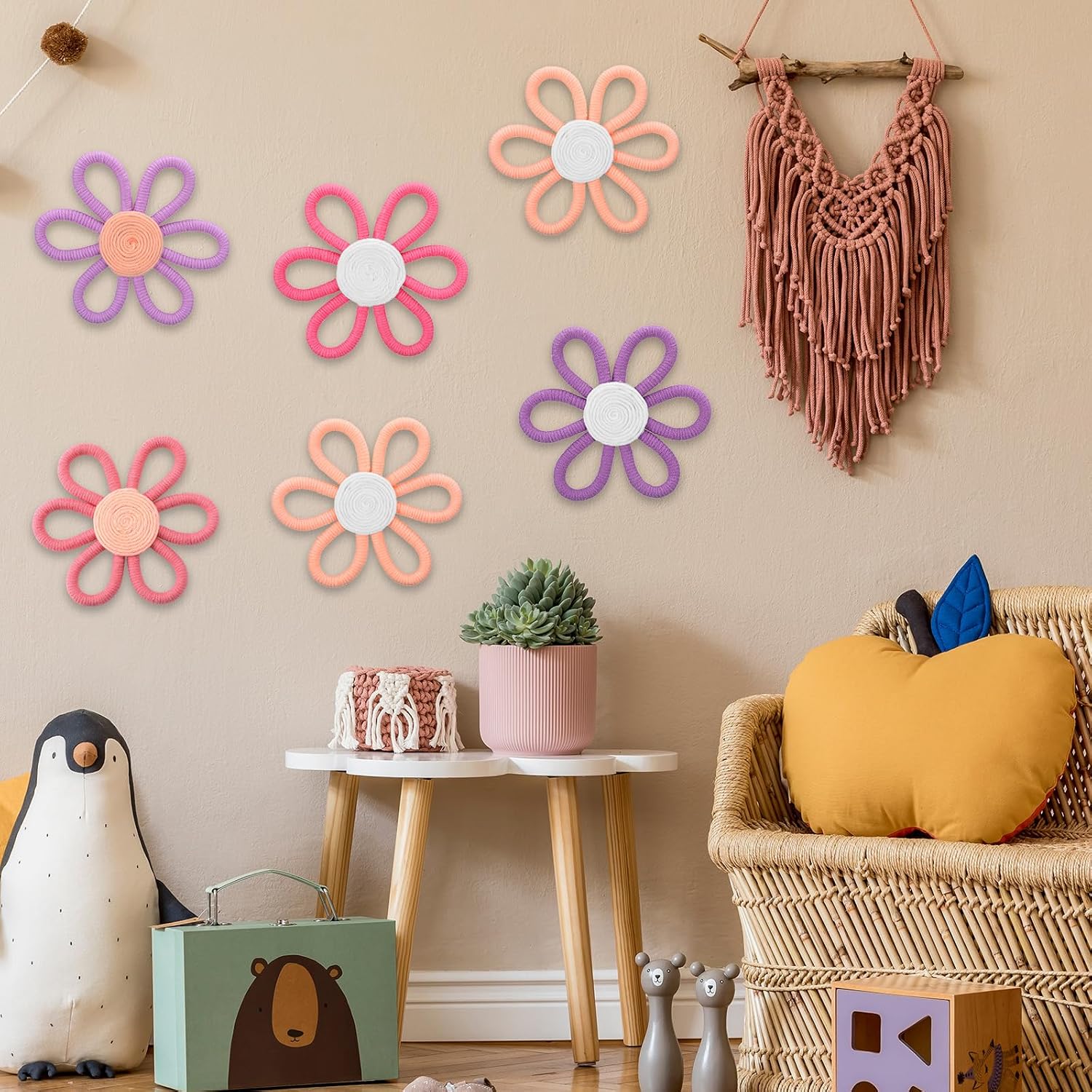Ripeng 6 Pcs Boho Nursery Decor Flower Daisy Wall Art 6 Inch Woven Macrame Wall Hanging Bohemian Flower Decor Daisy Nursery for Baby Girls Kids Home Bedroom (Bright Color)