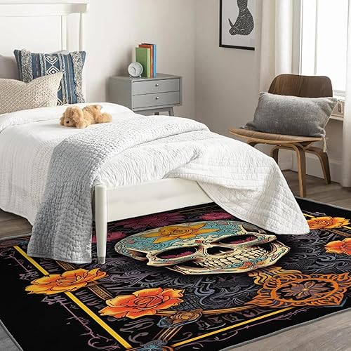 Miniatura 4 de Alfombra de calavera de azúcar, alfombra de 5 x 7 pies, alfombra del Día de los Muertos, para dormitorio, sala de estar, alfombras de área lavables,