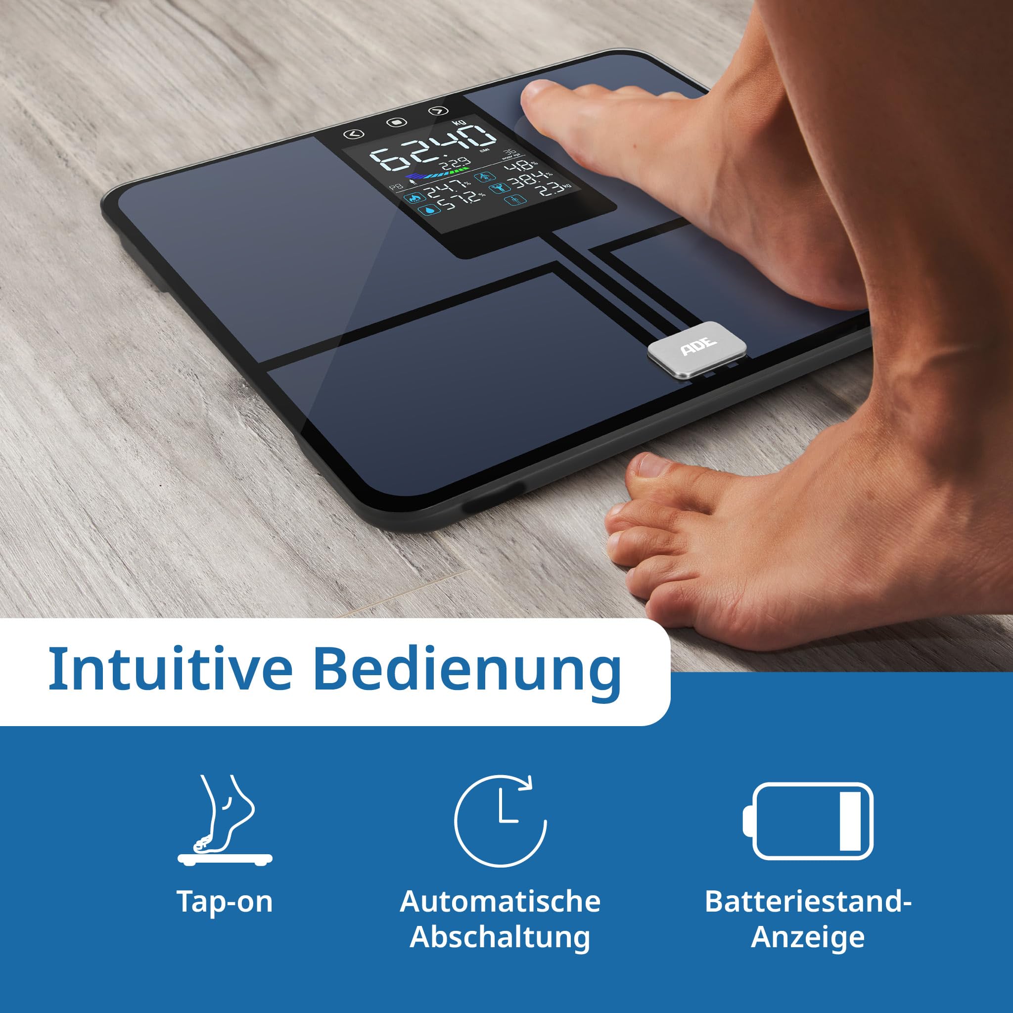 ADE Digitale Körperfettwaage mit großem Farbdisplay | alle Werte auf einen Blick | Körperanalysewaage bis 200 kg | Waage mit Körperfett und Muskelmasse | 8 Speicherplätze und Nutzererkennung | blau