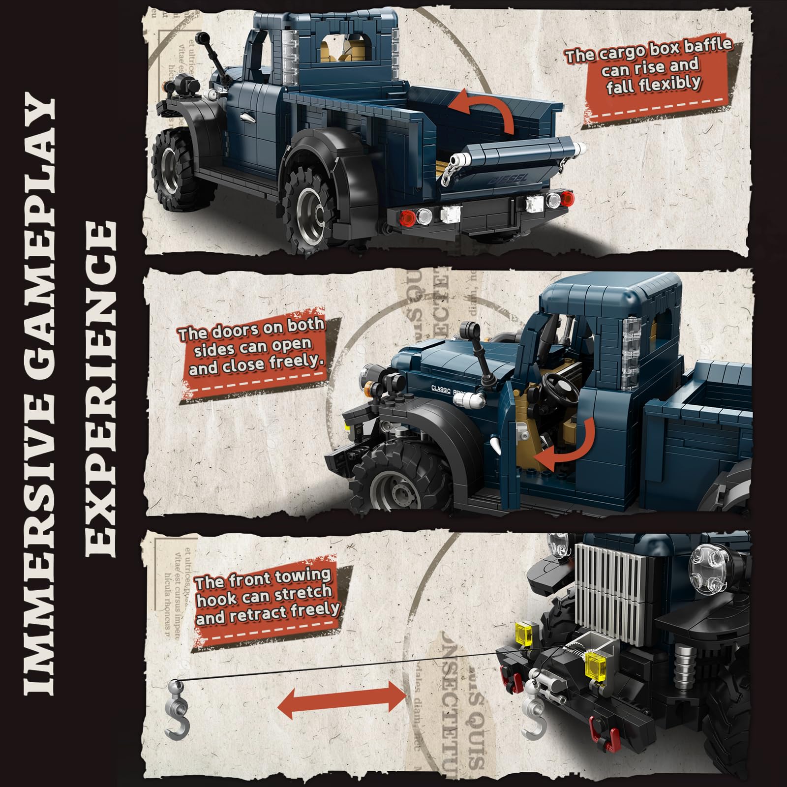 Kit de construction de camionnette rétro pour adulte, voiture vintage technique 1:16 avec partie multifonction, véhicule PowerWagon 1952, jouet cadeau pour garçons à partir de 14 ans (1199