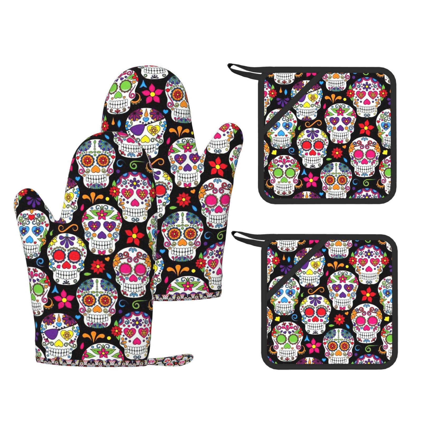 Sugar Skulls Printed Potholder and Oven Mitt Set of 4, High Heat Resistant Cooking Gloves for BBQ Grilling