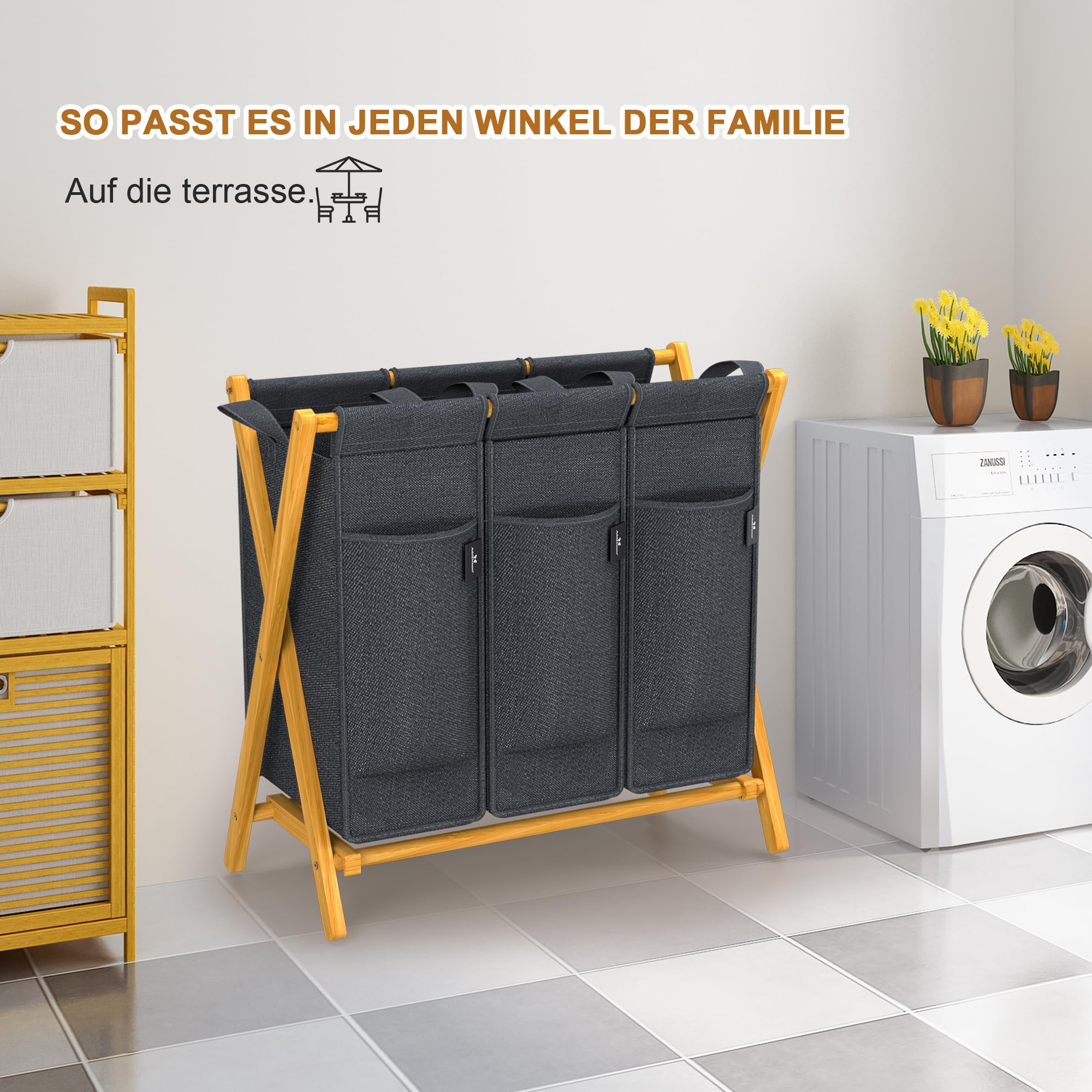 AdelDream Wäschekorb 3 Fächer 150L Bambus Wäschesammler Wäsche Sortiersystem X-förmige Wäschebox laundry baskets Wäschesortierer | Wäschesortierer 3 x 50L, faltbar, mit Deckeln, X-Gestell, Grau