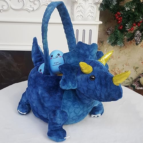 Miniatura 4 de Canasta de caza de huevos de Pascua personalizada, canasta de dinosaurio de Pascua, diseño de triceratops con nombre bordado (azul oscuro con