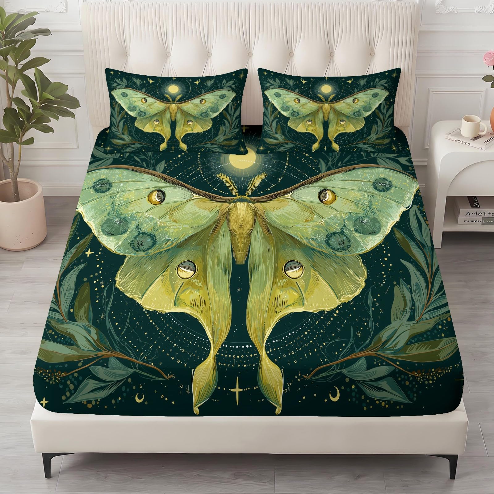 Moth Moon - Lenzuolo con angoli, per letto super king size, 180 x 200 cm, fantasia fantasy, con tasca profonda 30,5 cm, facile da pulire, morbida microfibra spazzolata, resistente al restringimento e