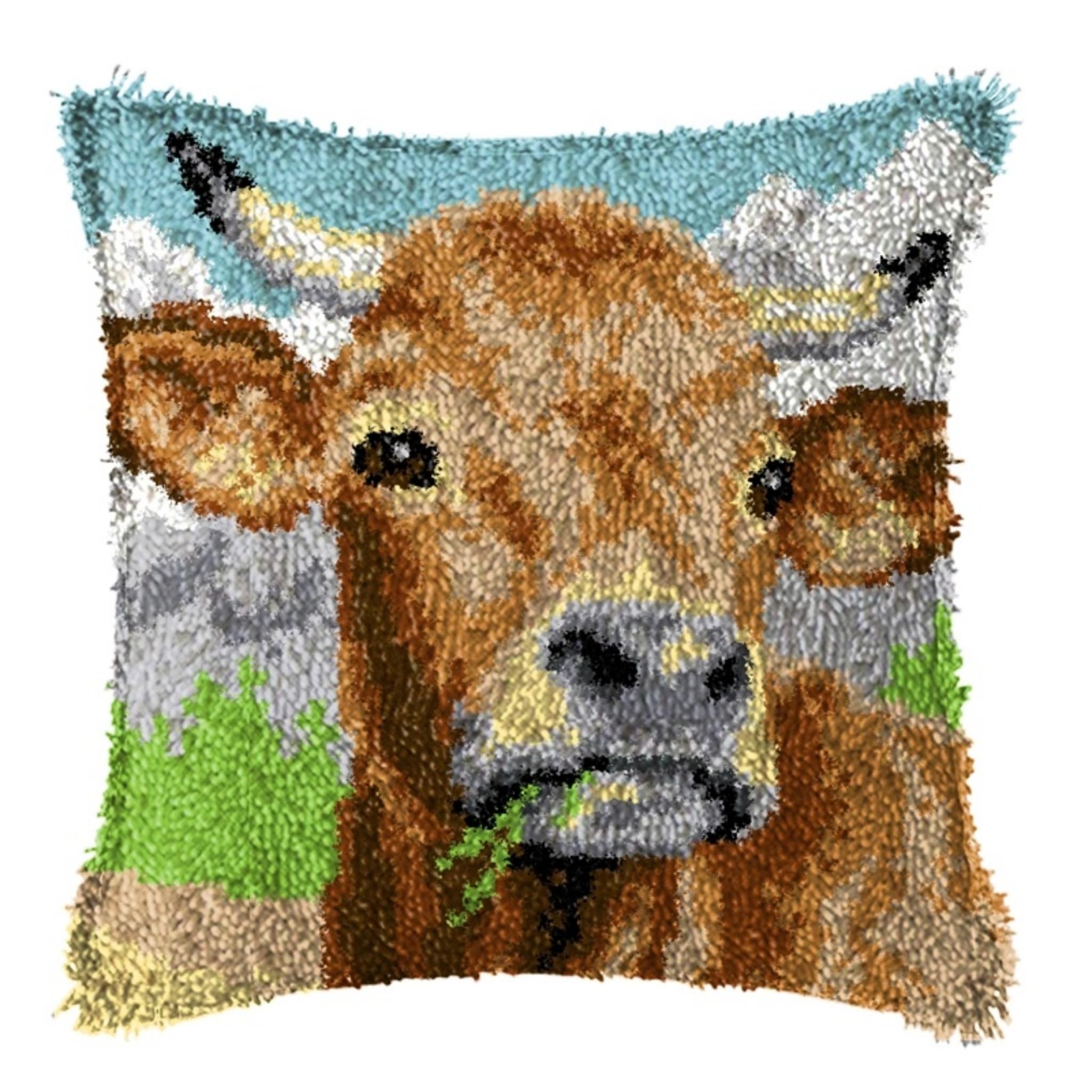 Gofission Latch Hook Cushion Kits for Adult Beginners, Scottish Highland Cow Animal DIY Preprinted Pattern Pillow Making Kit with Accessories for Sofa Bedroom Decor 17x17 inch (Cow) — image 1