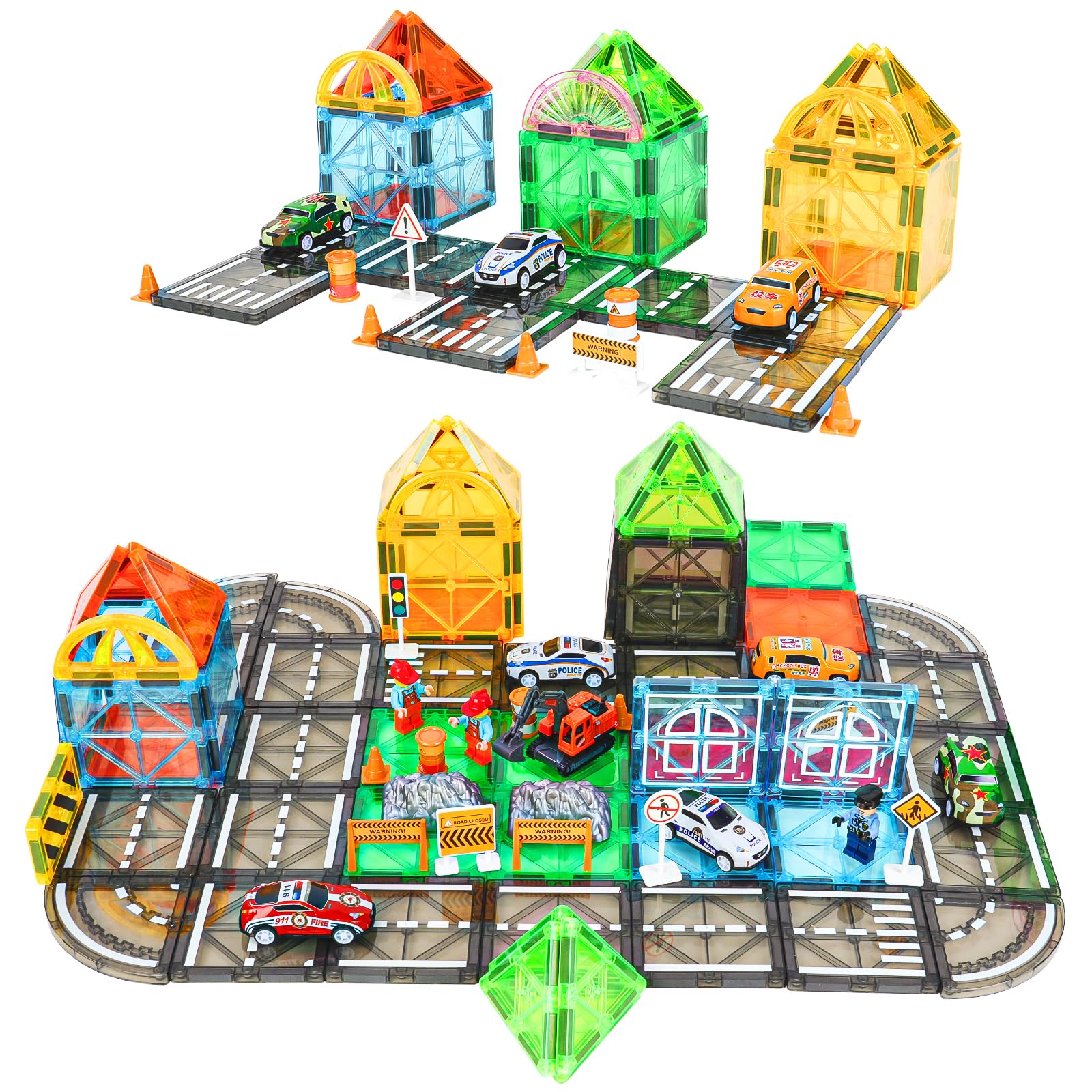 HOTUT Magnetic Tiles Road Building Blocks, 125 Pcs Magnetic Tiles City Road Set Kids Toys