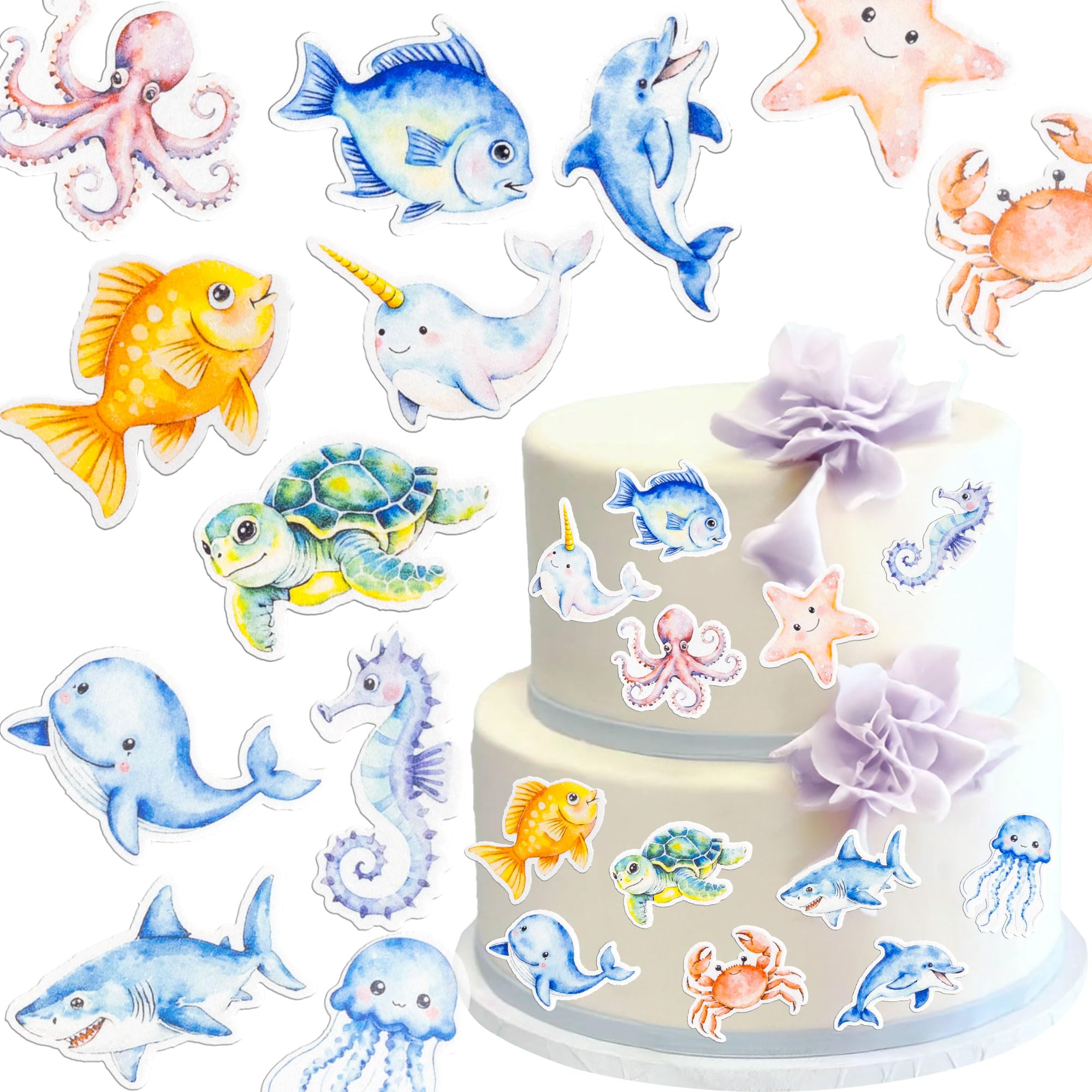 Ephlyn 60Pcs Edible Ocean Animal Cupcake Topper Edible Starfish Octopus Crab Jellyfish Dolphin Starfish Seahorse Cupcake Picks for Under the Sea Baby Shower Boys Girls Birthday Party Decorations