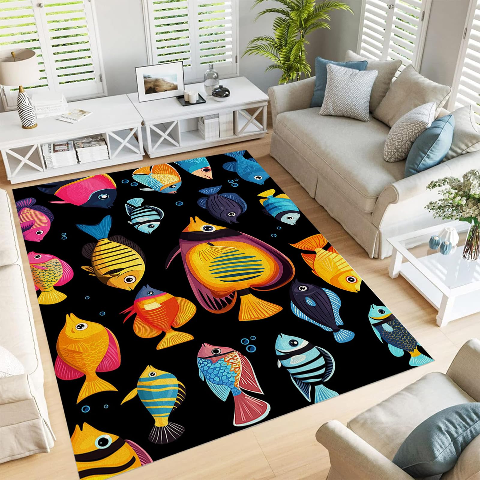 Tapis de salon motif poissons tropicaux pour décorer une chambre d'ado ou adulte