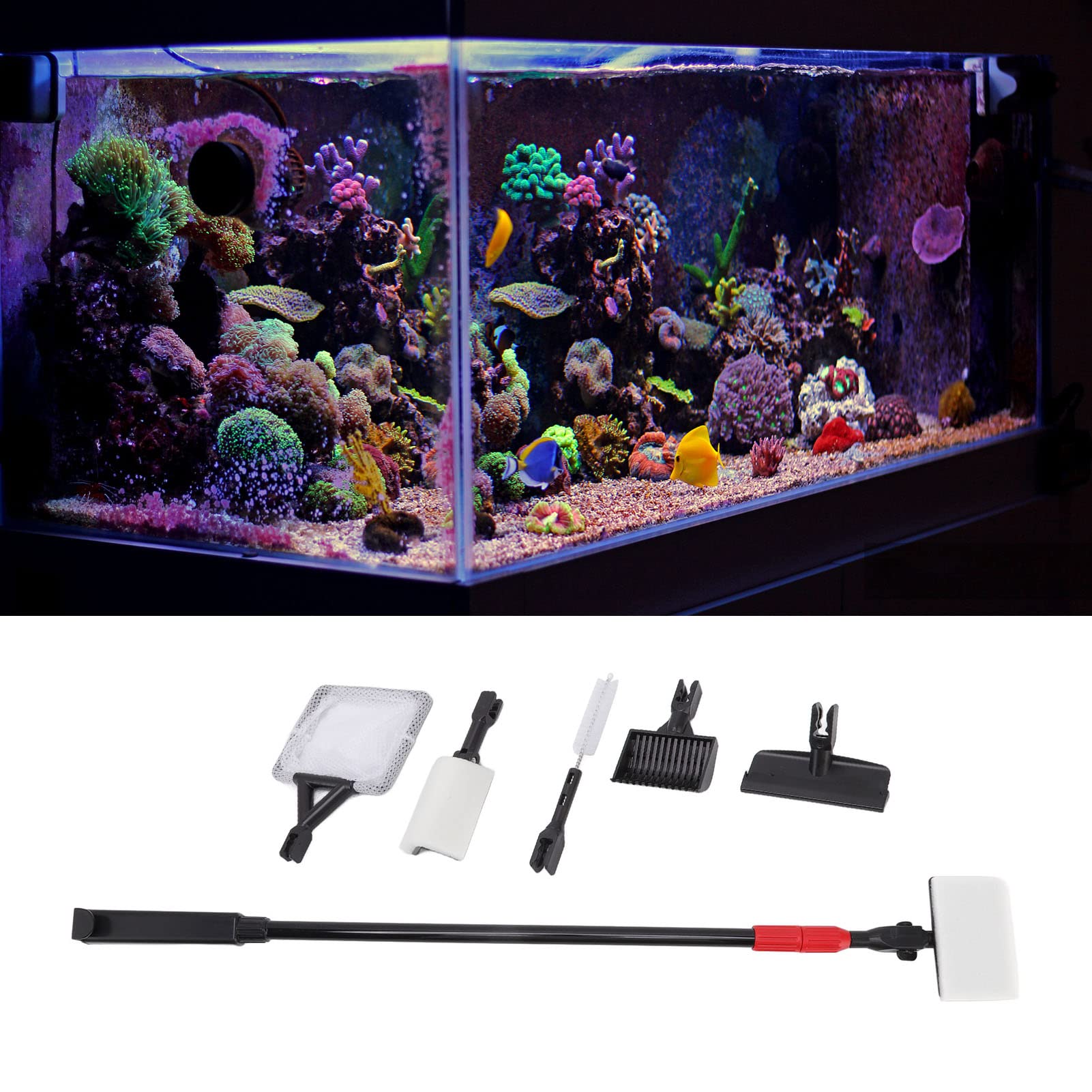 Pongnas Herramientas de Limpieza del Acuario, Kit de Limpieza del Acuario de Cleaner de Vidrio Ajustable Manejo Largo de Cepillo de Pescado Juego de 6 en 1 Caja de Pescado Kit de Agua de Agua Salada