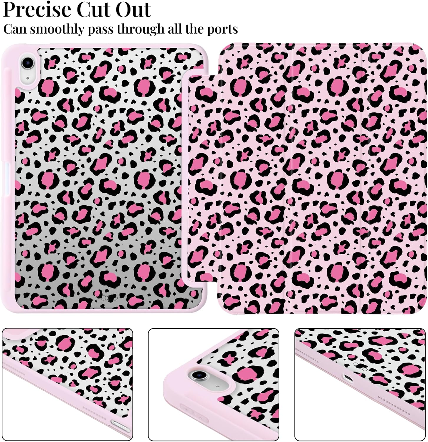 Cute Case for iPad (A16) 11th Gen 2025 11"/10th Gen 2022 10.9" Pink Leopard Cheetah Print Clear Hard Back Hybrid Case,with Pencil Holder Trifold Stand Slim Tablet Cover for Women