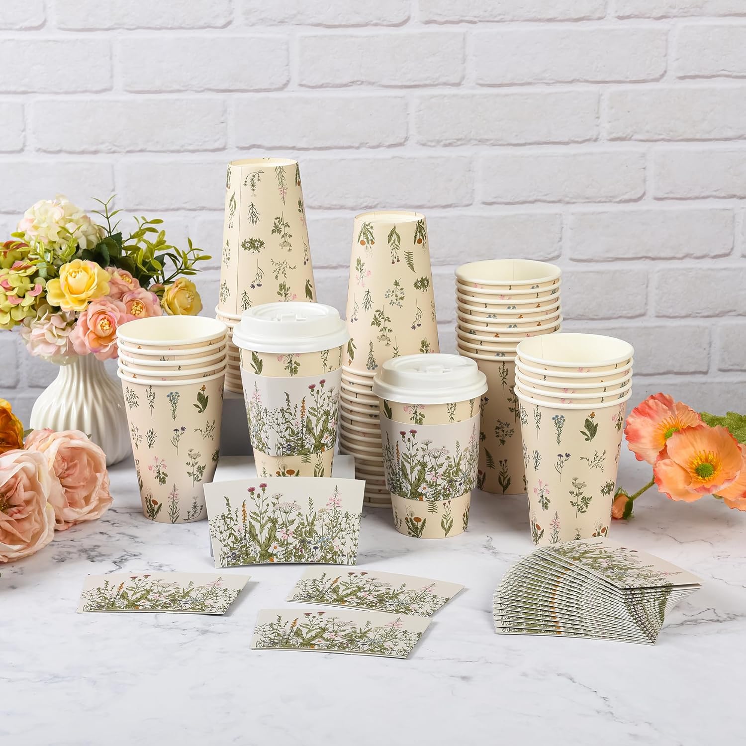 AimFun 50Pcs Floral Disposable Coffee Cups with Lids and Sleeves Vintage Botanical Herb 12oz To Go Party Paper Drinking Cups for Spring Summer Birthday Weddings Bridal Shower Party Supplies