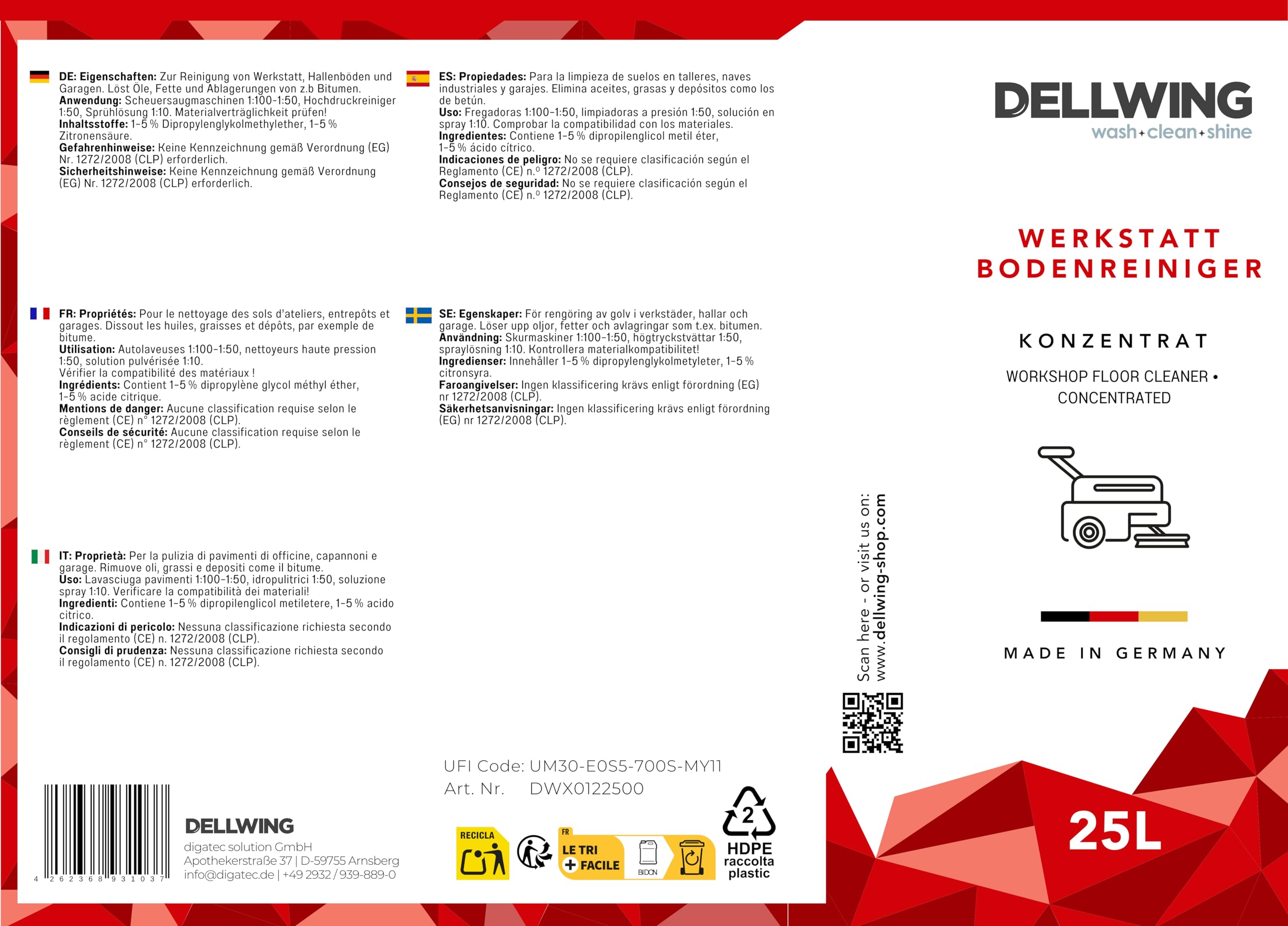 Dellwing Werkstattbodenreiniger 25 l, alkalisches HD Konzentrat für fettige und ölige Böden, Industriereiniger, Made in Germany