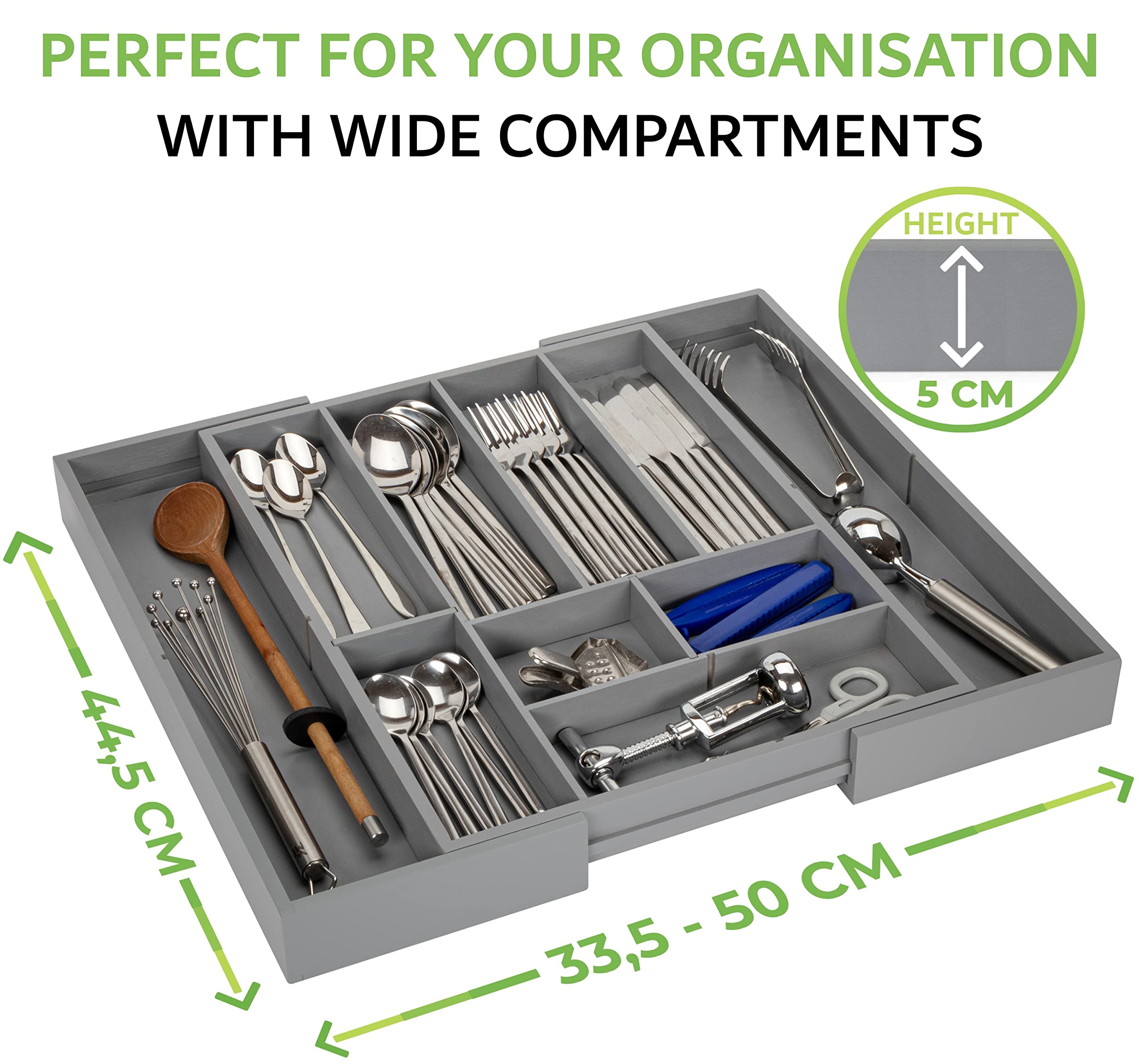 Kamoro HOME & KITCHEN Cubertero para cajon de bambú - Cubertero con 5 separadores extraíbles [de 6 a 13 compartimentos] - Organizador cubiertos con una longitud de 34 a 50 cm (blanco)
