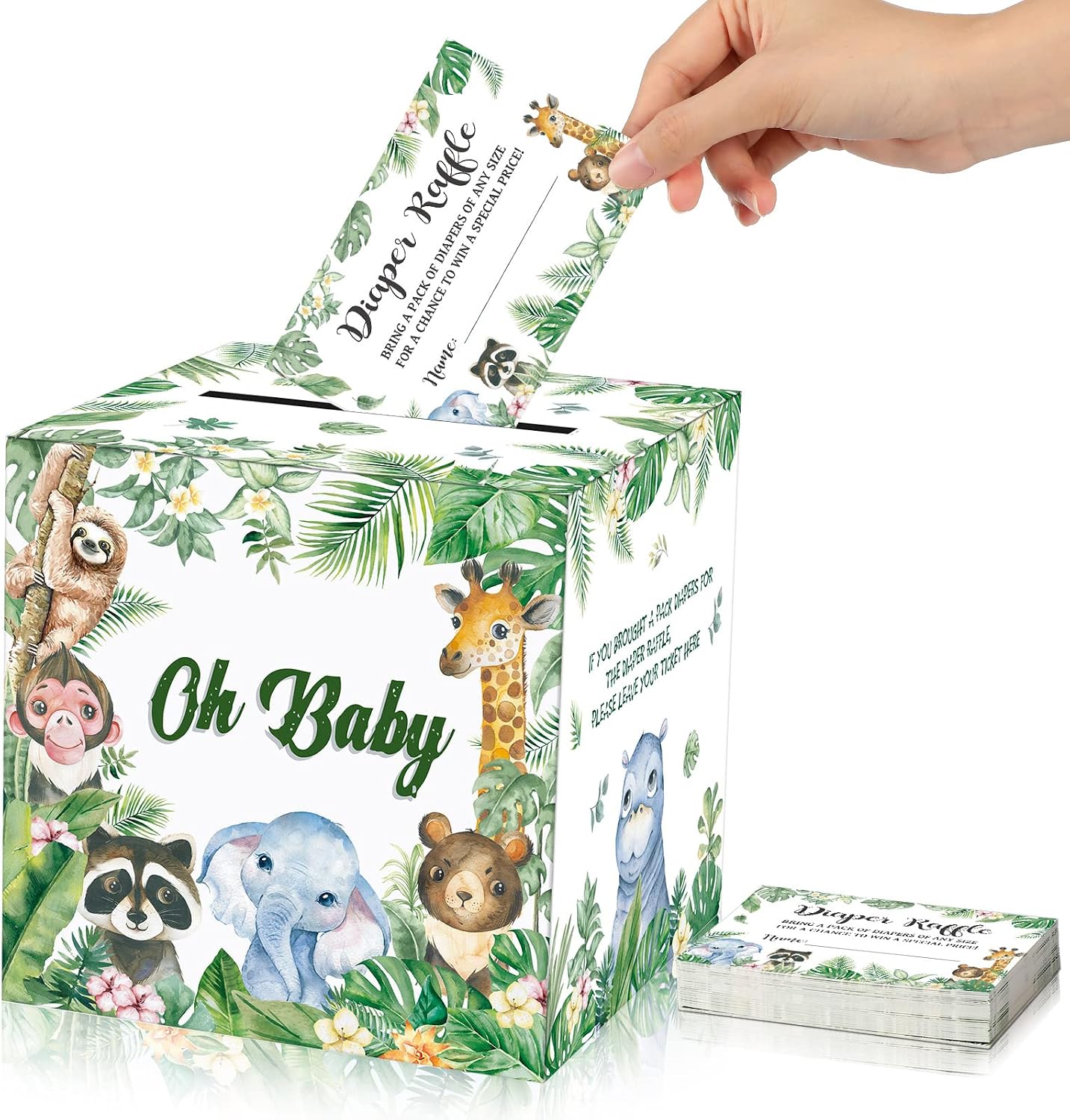 Pajean 51 Pcs Woodland Baby Shower Card Box and Advice Cards, Diaper Raffle Game Box Tickets Jungle Theme Card Box Forest Raffle Box Baby Shower Decorations for Birthday, Gender Reveal Party Supplies