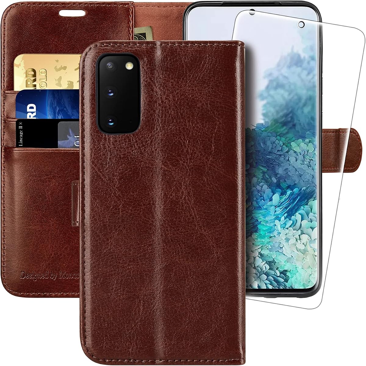 Funda tipo billetera para Samsung S20 con 3 tarjeteros - Marrón | Soporte, bloqueo RFID, 6.6 pies de absorción de impactos, cuero de PU, fuerte cierre magnético, solo se adapta a 6.2 pulgadas, protector de pantalla