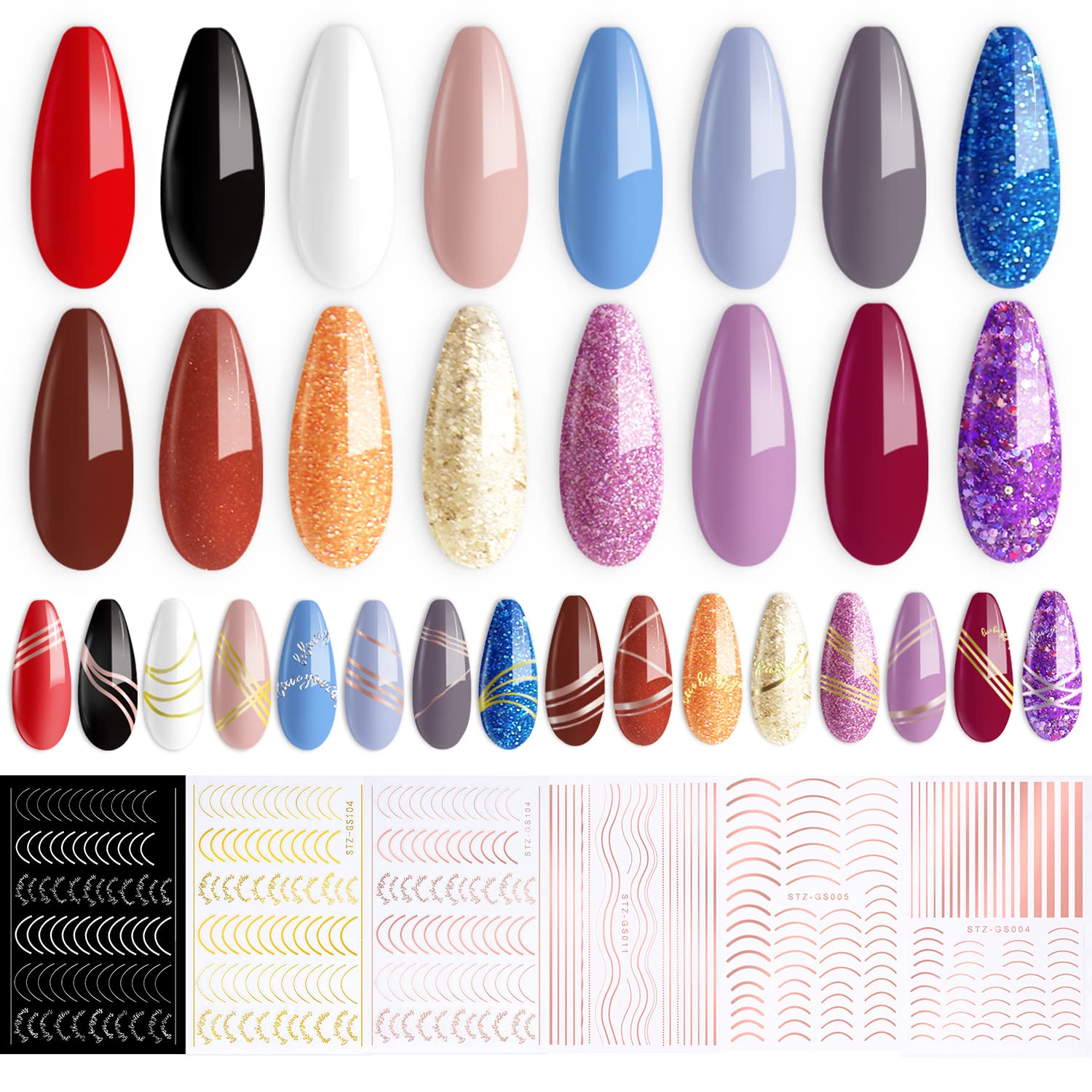 ab gel 18 pcs Gel Nail Polish Kit, Include 6 pcs Metal Line Nail Stickers,16 Colors Soak Off UV LED Nail Gel Pastel Collection with Base and Top Coat Manicure Nail Art Salon