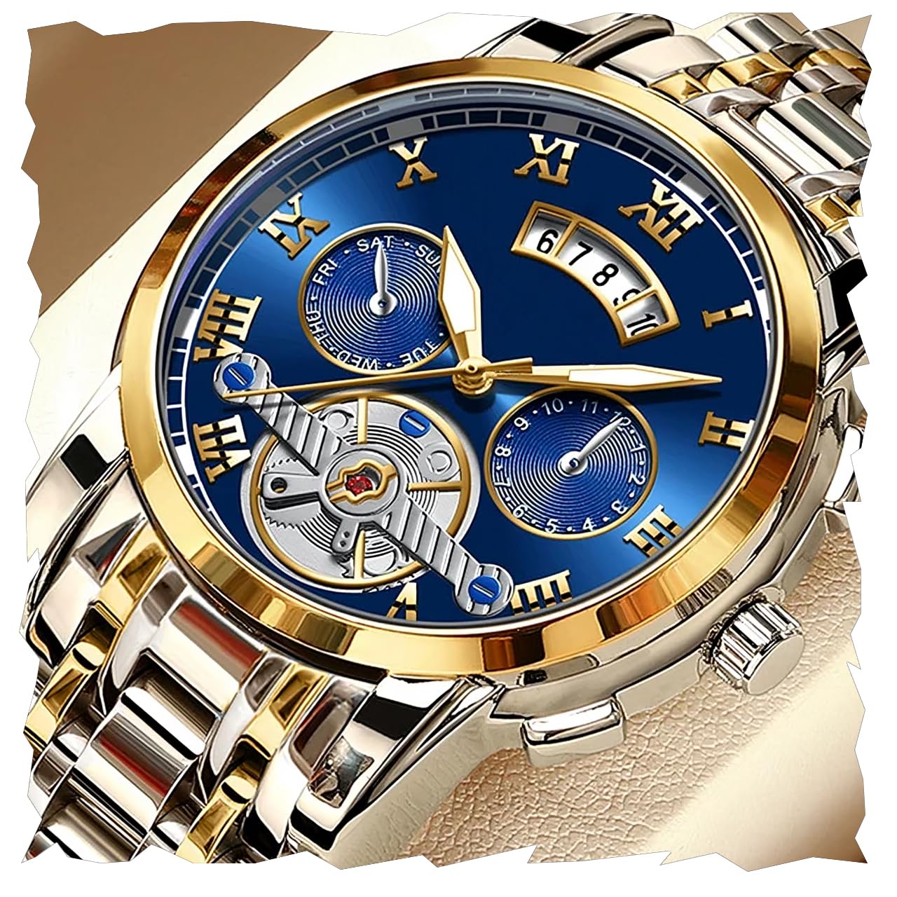 Multicolour Dial Analogue Men’s Wrist Watch with Date Calendar, Metal Case and Strap -BRRD1