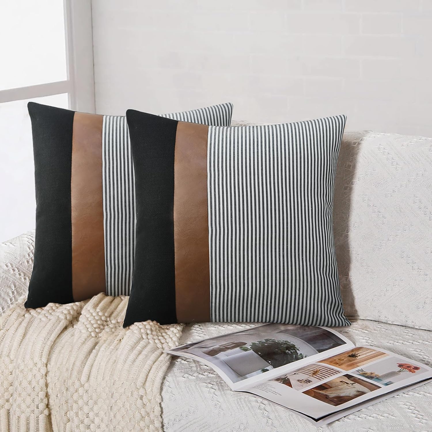 Modern Farmhouse Decorative Throw Pillow Covers 18x18 Set of 2 Black Striped Linen and Faux Leather Pillow Covers for Couch Sofa Bedroom Livingroom Neutral Accent Cozy Cushion Covers - Image 2