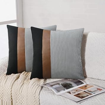 Modern Farmhouse Decorative Throw Pillow Covers 16x16 Set of 2 Black Striped Linen and Faux Leather Pillow Covers for Couch Sofa Bedroom Livingroom Neutral Accent Cozy Cushion Covers