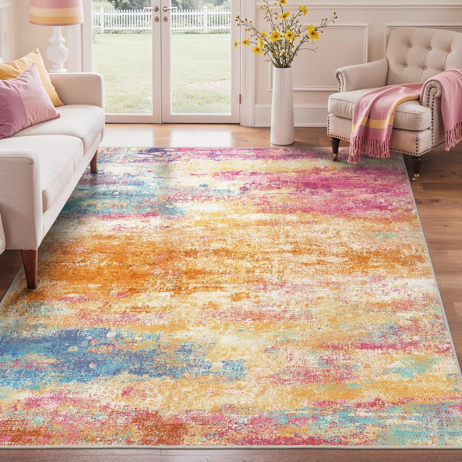 Grand tapis moderne multicolore abstrait haut de gamme pour grand salon