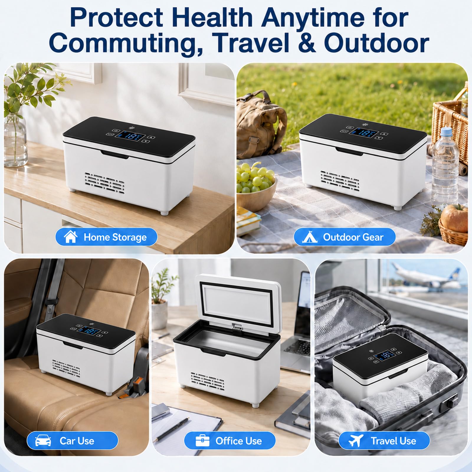 Refrigerador eléctrico portátil para insulina con dos baterías recargable, mini refrigerador, insulina y péptidos, pantalla LED, temperatura ajustable de 0 a 18 °C, uso en casa, viajes y en el coche