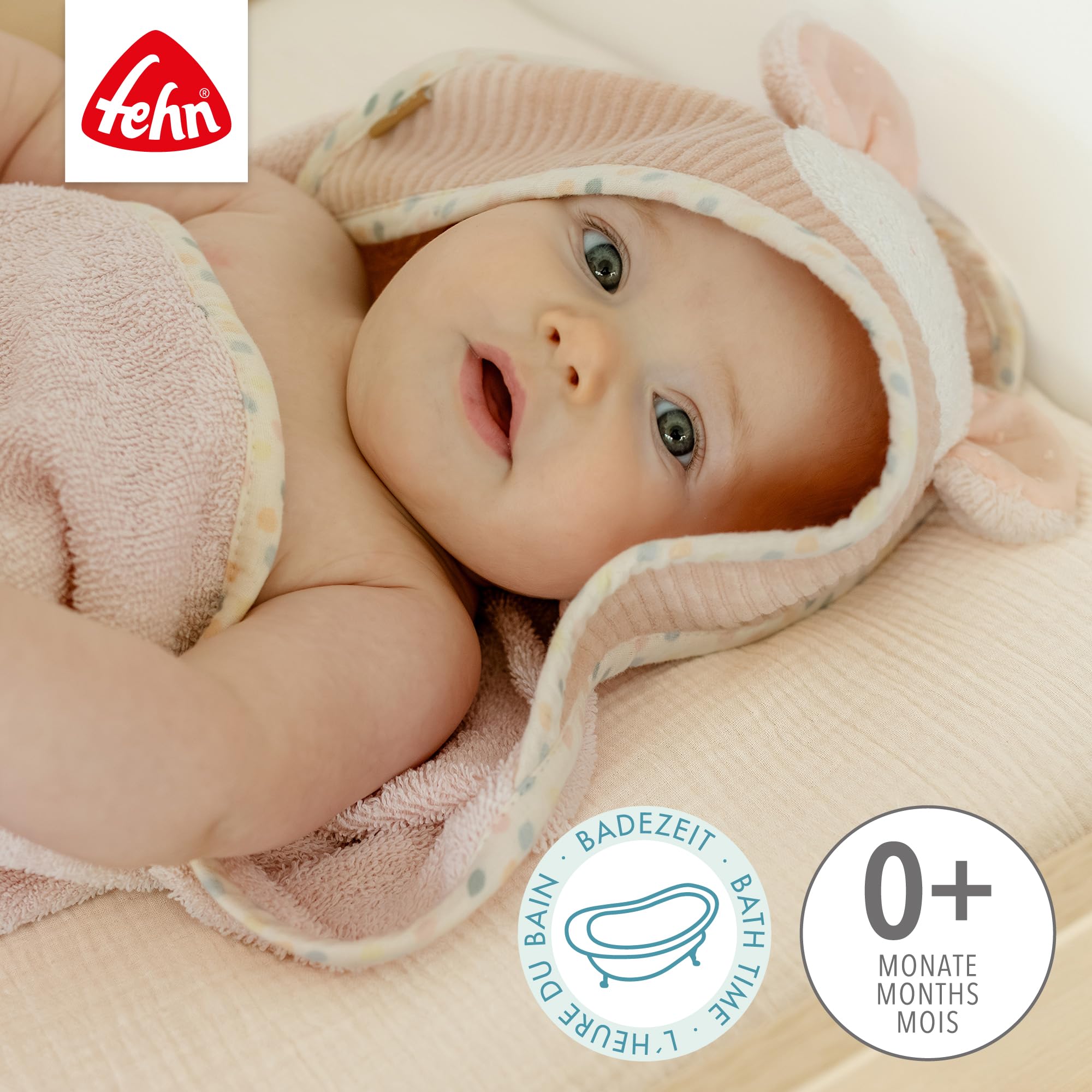 Fehn Badhanddoek met capuchon muis – badponcho van badstof met capuchon en muismotief – absorberend en knuffelzacht – voor baby's en peuters vanaf 0 maanden