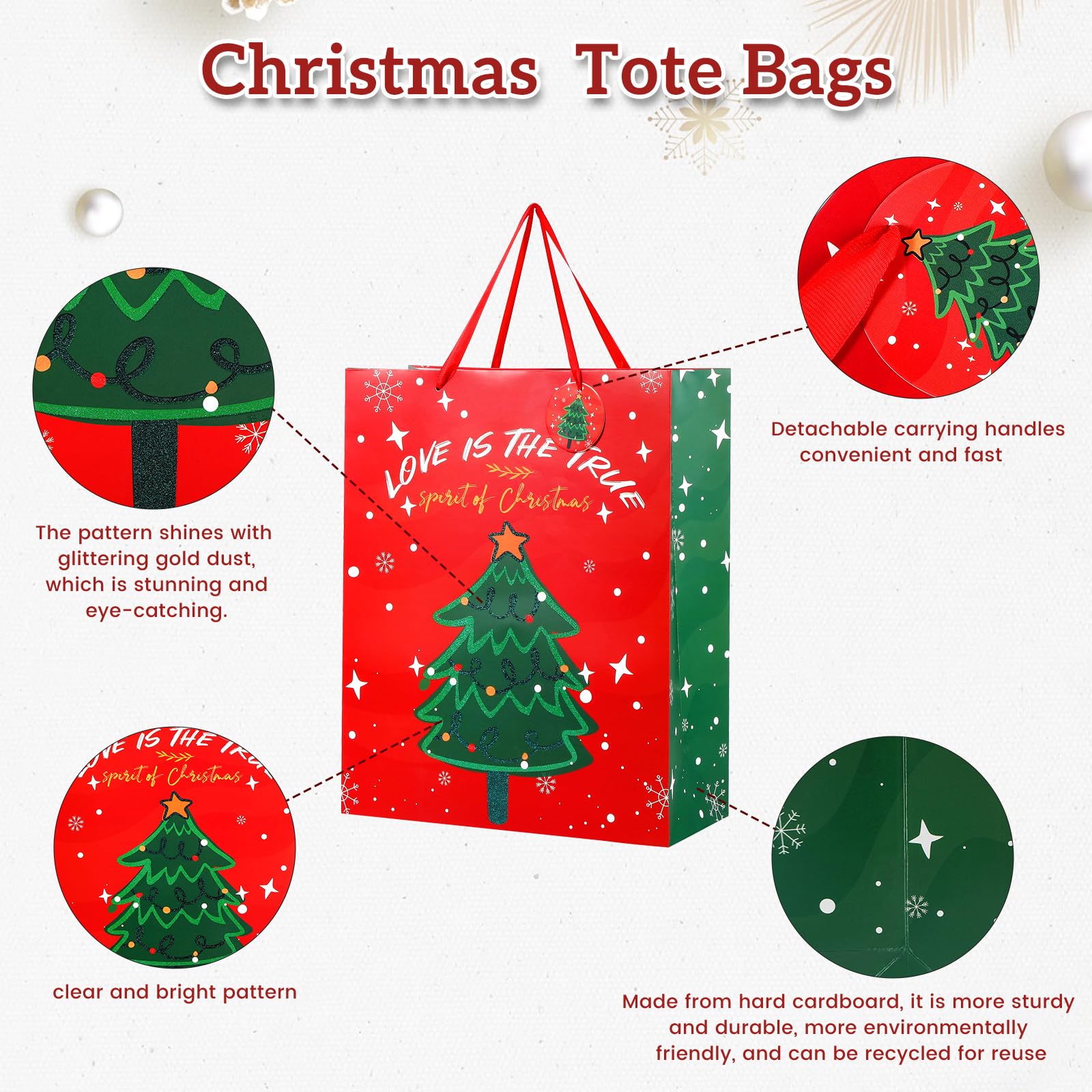 6 PCS Christmas Gift Bags, Christmas Tote Bags with Handles, Assorted Sizes Multifunctional Non-Woven Treat Bags for Gifts Wrapping Shopping, Xmas Party Supplies (2 Large 13