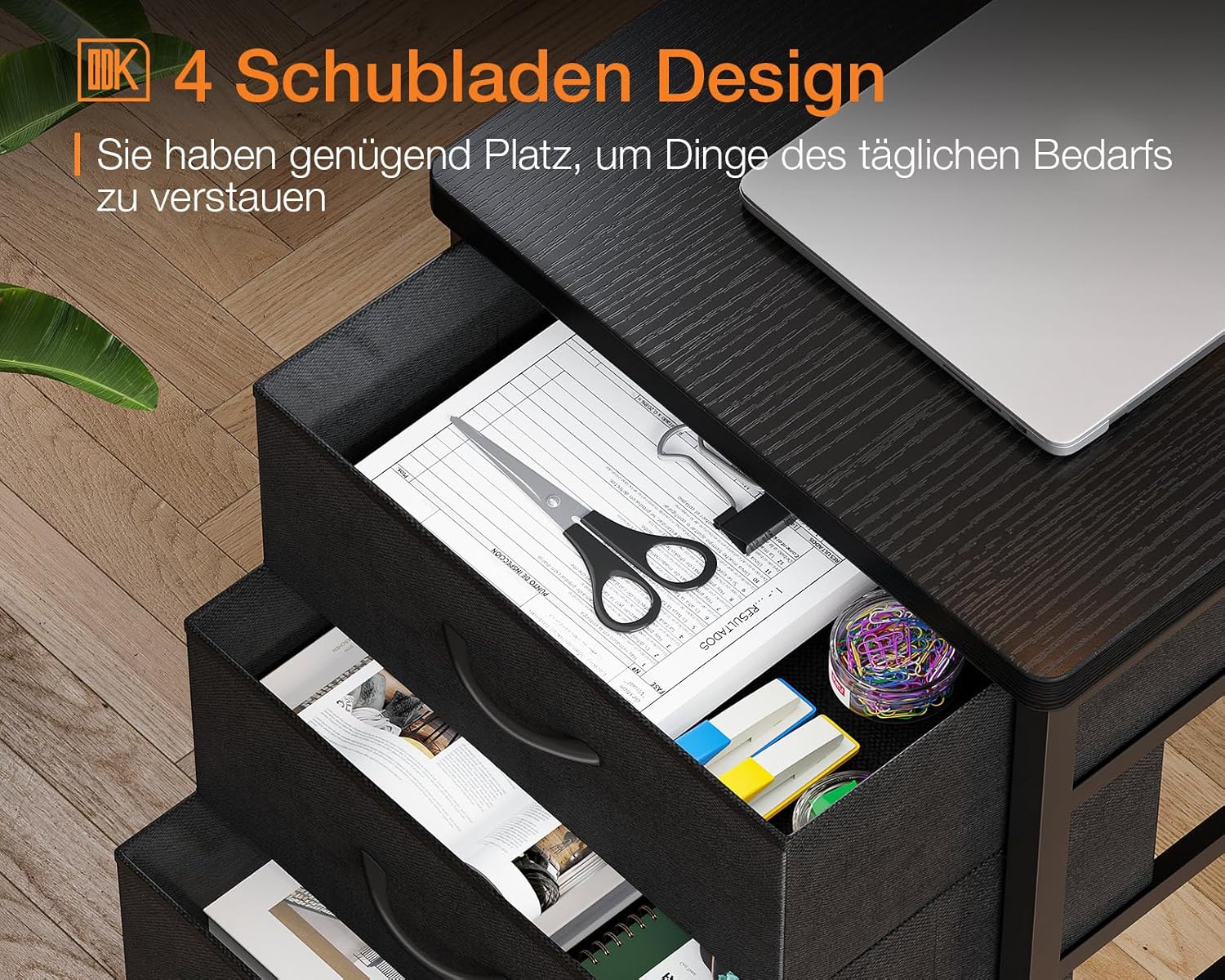 Open fabric drawers of the ODK Corner Desk, showing organized office supplies