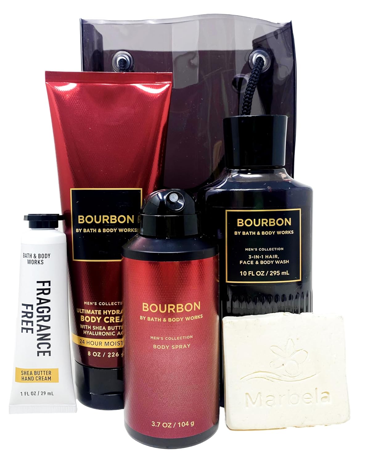 Bath & Body Works Men's Collection Bourbon - Gift Bag Set - Body Cream, 3 in 1 Hair, Face & Body Wash, Body Spray and Hand Cream With a Natural Oats Sample Soap.